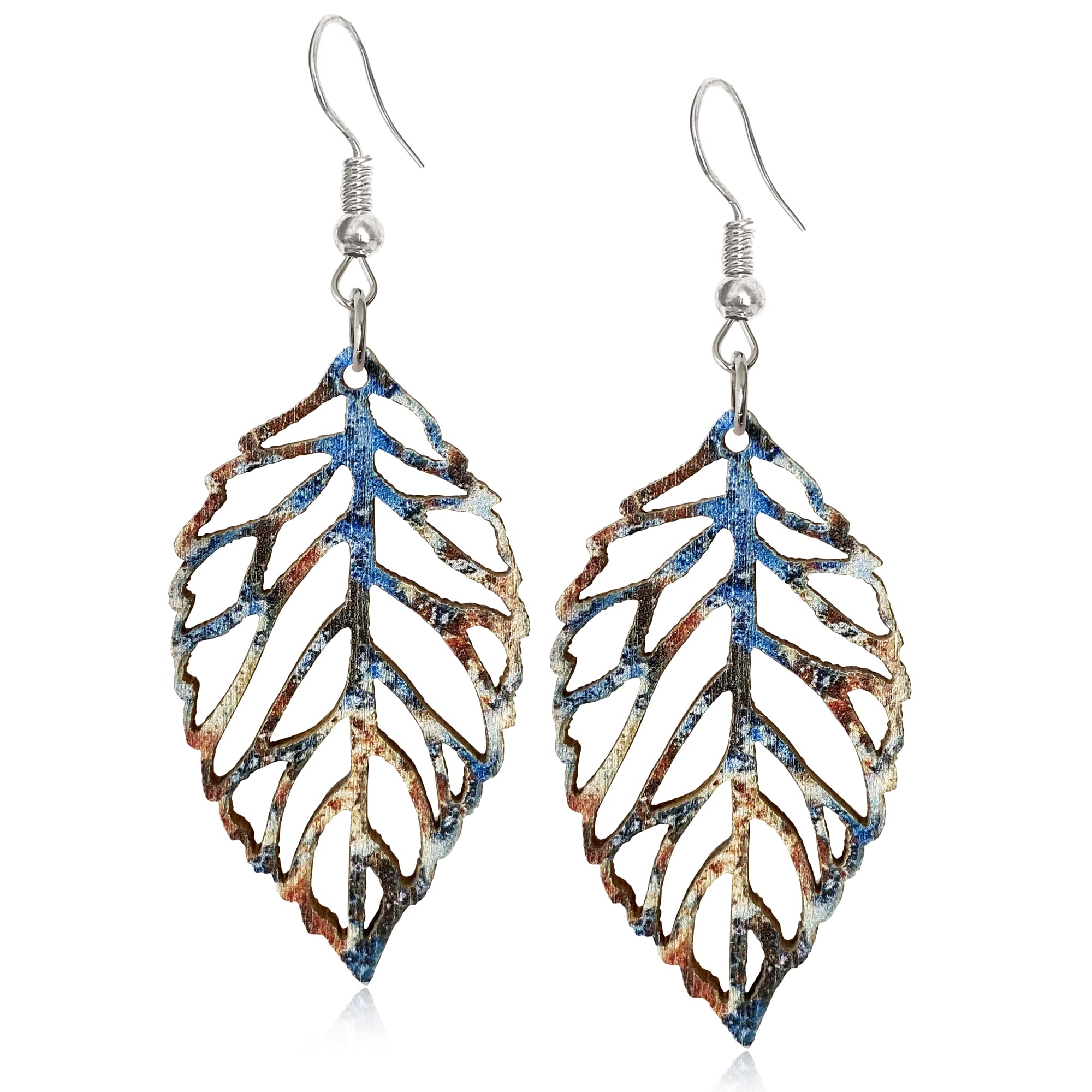 Handmade Bohemian Colorful Nature Wooden Leaf Dangle Drop Earrings Ethnic African Vintage Lightweight Boho Hollow Wood leaf Hook Earrings for Women Unique Geometry Jewelry (Colorful 2)