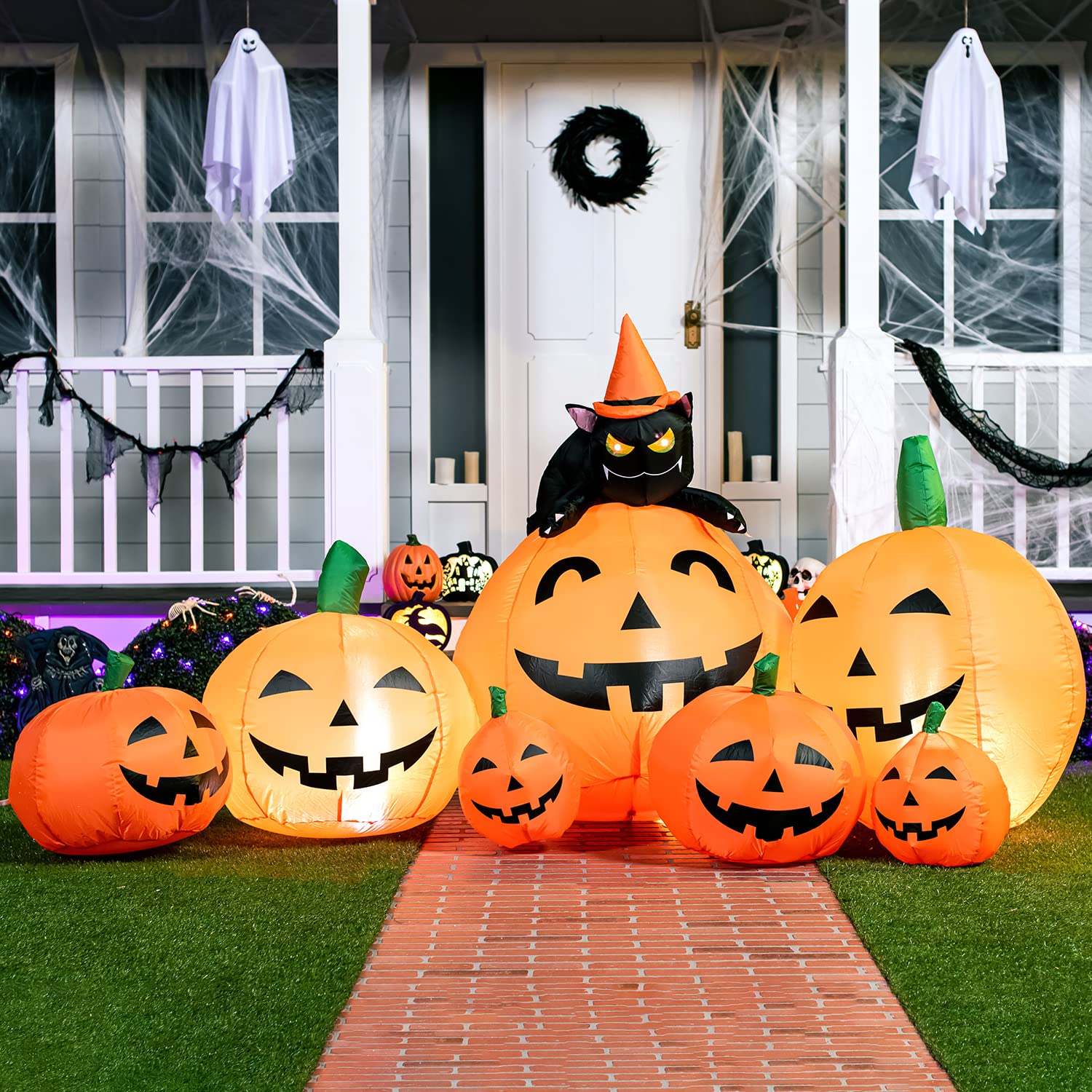 Joiedomi 7 FT Long Halloween Inflatables Pumpkin Outdoor Decorations, 7 Pumpkins Outside Decoration with Witch's Cat with Build-in LEDs Blow Up Inflatables for Halloween Party Yard Lawn Garden Decor