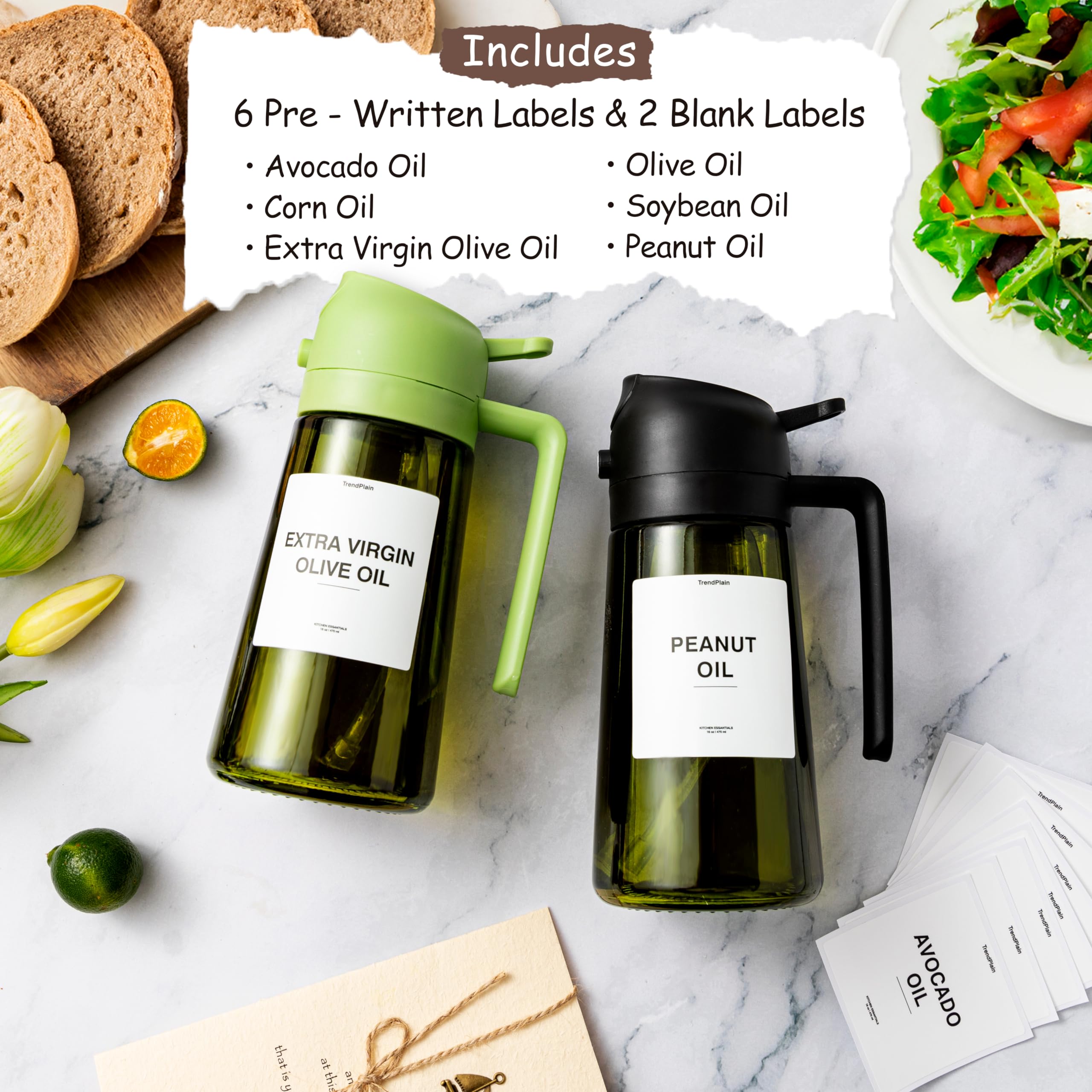 TrendPlain - 16oz Olive Oil Dispenser for Kitchen - 2 in 1 Olive Oil Dispenser and Oil Sprayer - Olive Oil Dispenser Bottle w/Stickers - Olive Oil Sprayer for Cooking Black (Light Blockage)