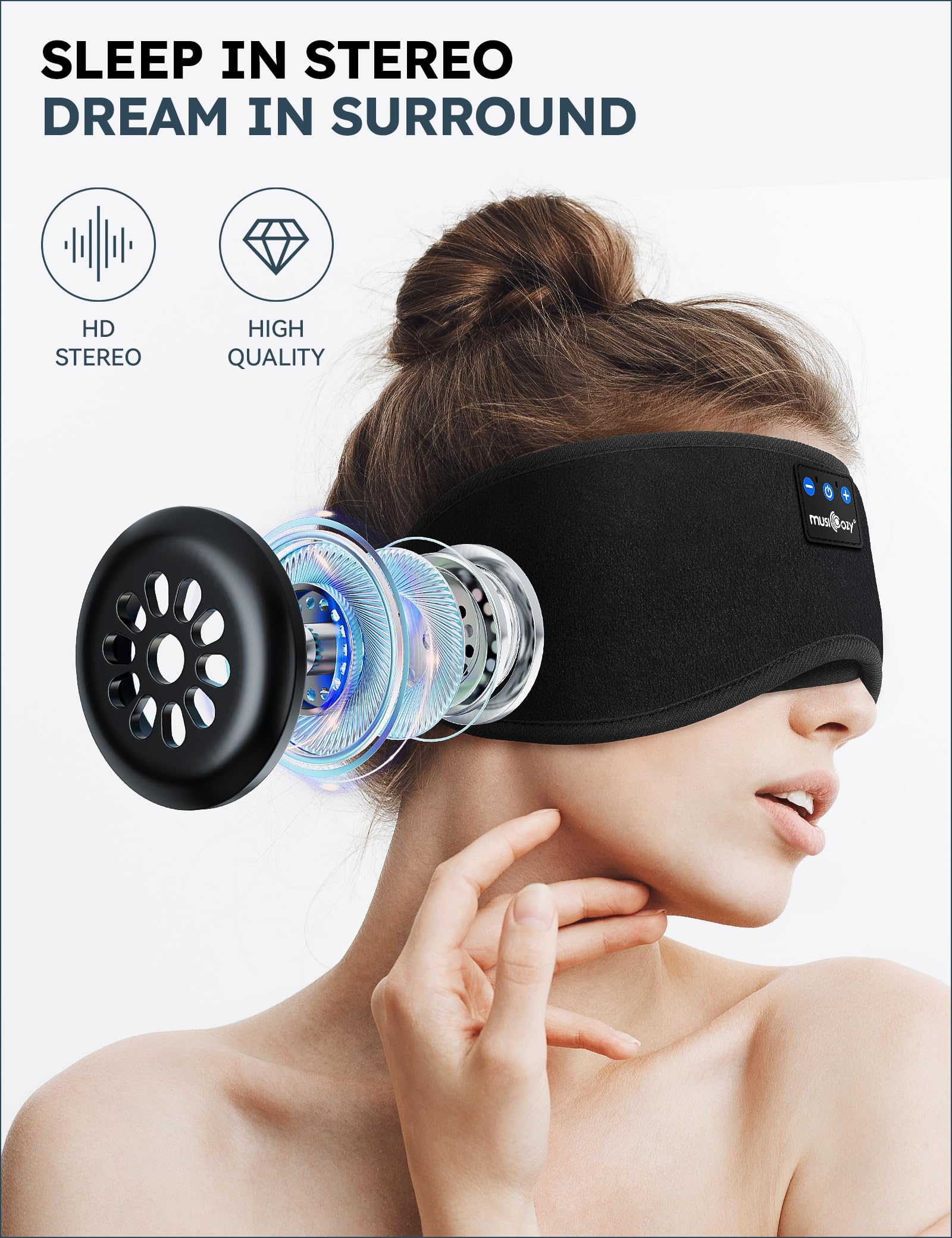 MUSICOZY Sleep Headphones, Bluetooth 5.2 Sleep Mask Headband Headphones Sleeping Eye Mask, Wireless Music Earbuds Earphones with HD Headphones Ultra-Thin Stereo Speakers for Side Sleepers Men Women