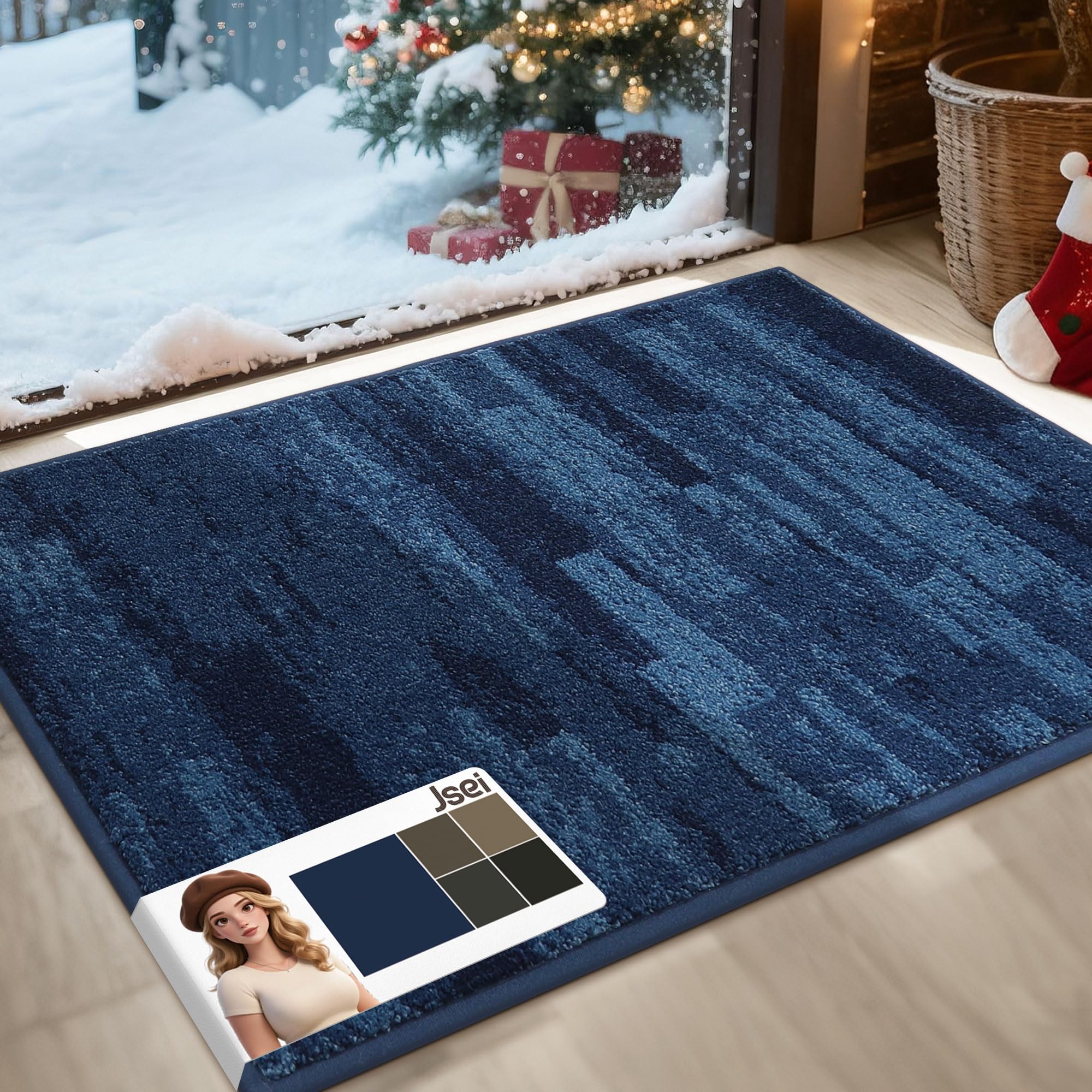 JSEI Dirt Trapper Door Mat 20"x32", Non-Slip Doormats Washable Entryway Mat, Welcome Floor Mat Absorbent Low Profile Dog Door Mats for Front Back Door, Muddy Wet Shoes & Paws, Blue