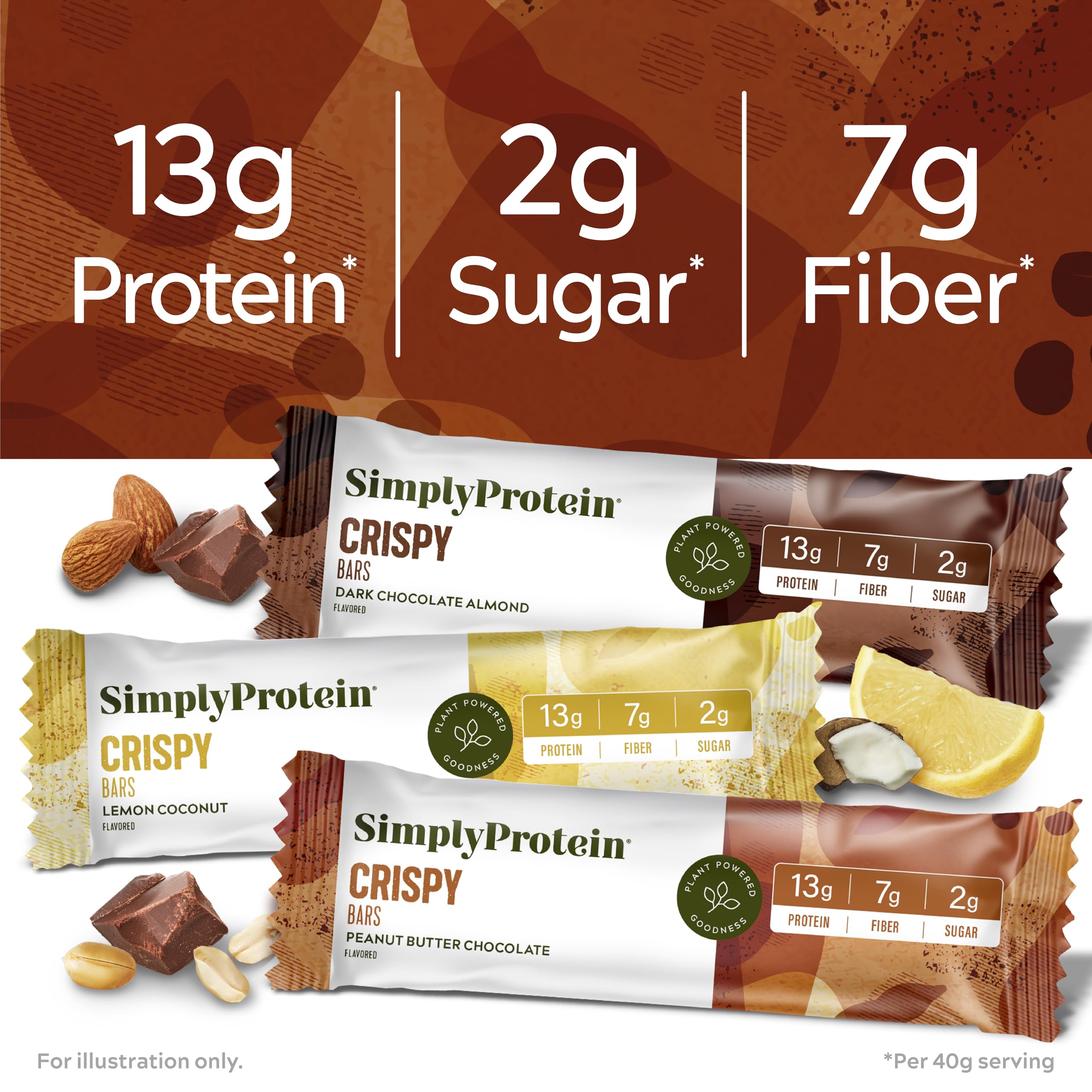 Simply Protein - Crispy Vegan Protein Bars Variety Pack, 3 Flavors - Plant Based, Protein Snacks - 13g Protein, 2g Sugar, 7g Fiber - Gluten Free, Non GMO, Kosher - 12 Bars, 3 Boxes