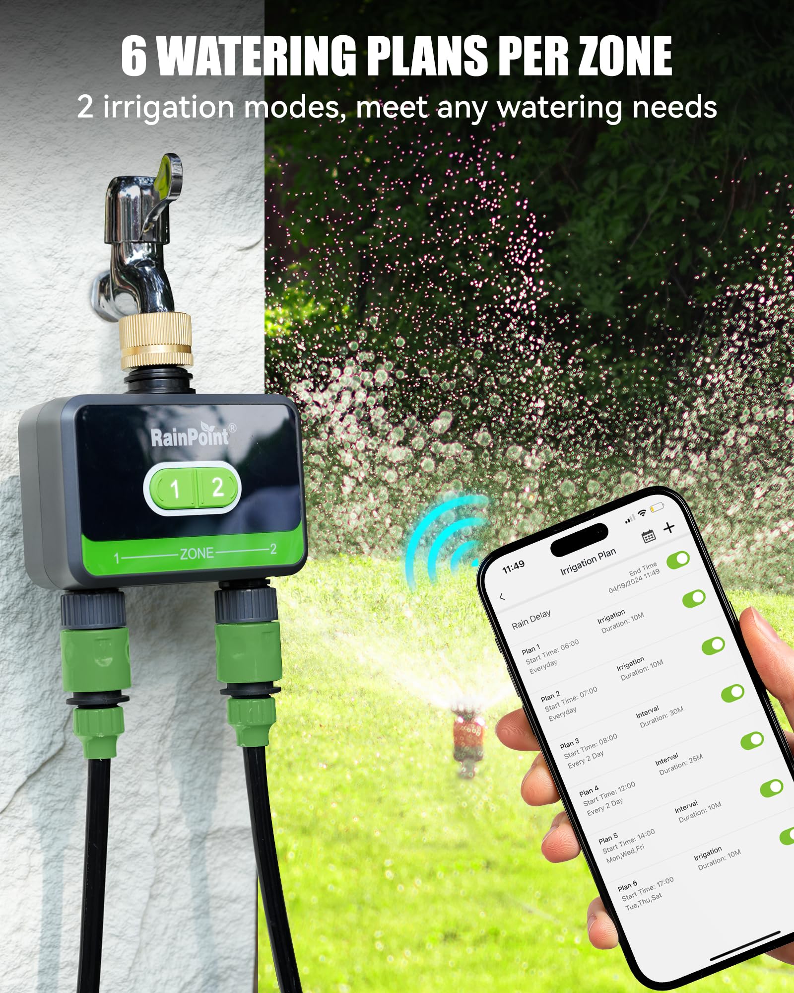 RAINPOINT Smart Water Timer for Garden Hose-Timer Only, WIFI Sprinkler Timer 2 Outlet（2.4Ghz WIFI）, Smart Hose Timer with Rain Delay, Smart+ APP Control, Automatic Irrigation System for Lawns and Yard