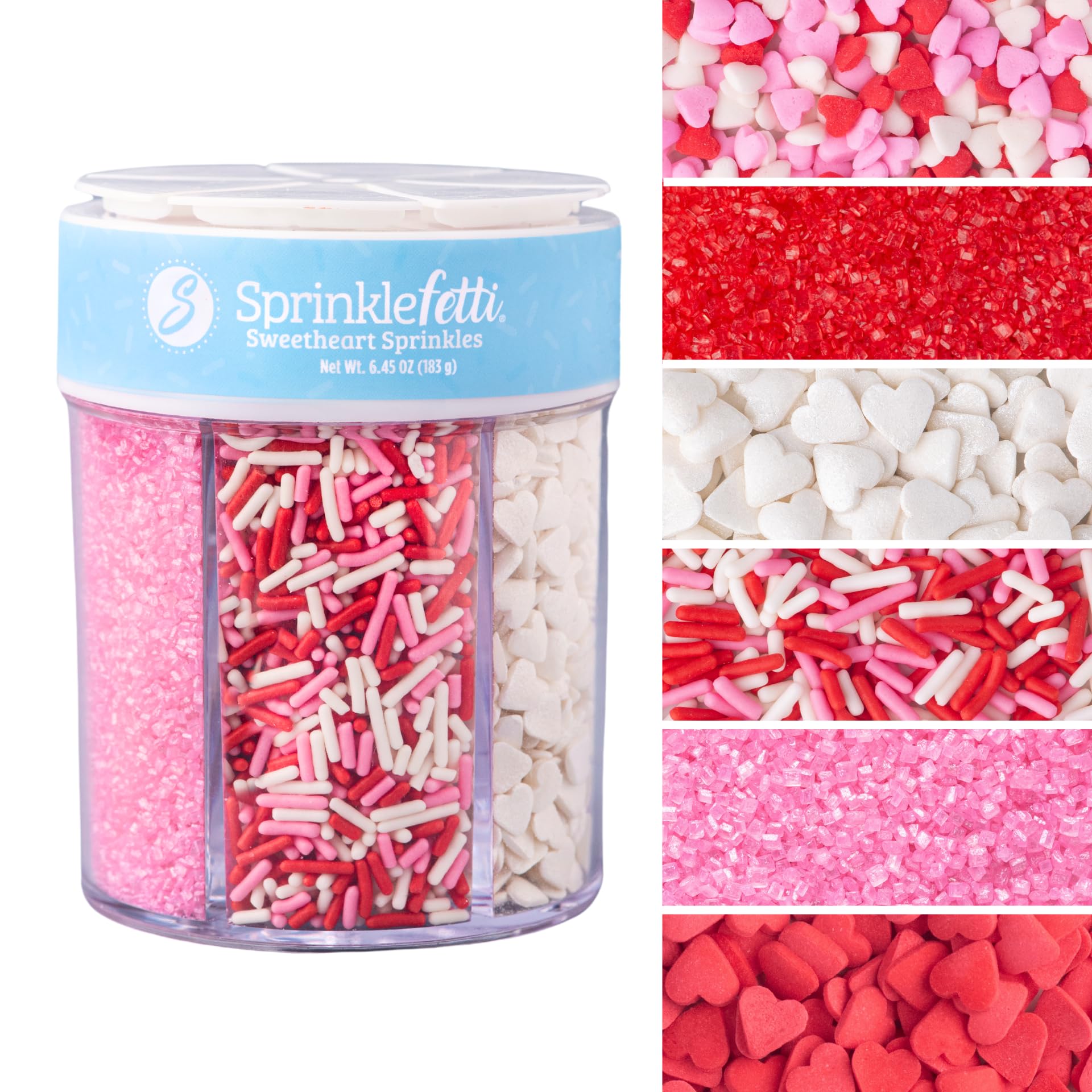 Sweets Indeed Heart Sprinkles, Valentines Day, Edible Sprinkle Mix, Heart Shapes, Jimmies, Perfect for Cake Decorations, Baking, Ice Cream, Cookies, Cupcake Topper, 6.45 ounces (Sweetheart 6 Cell)