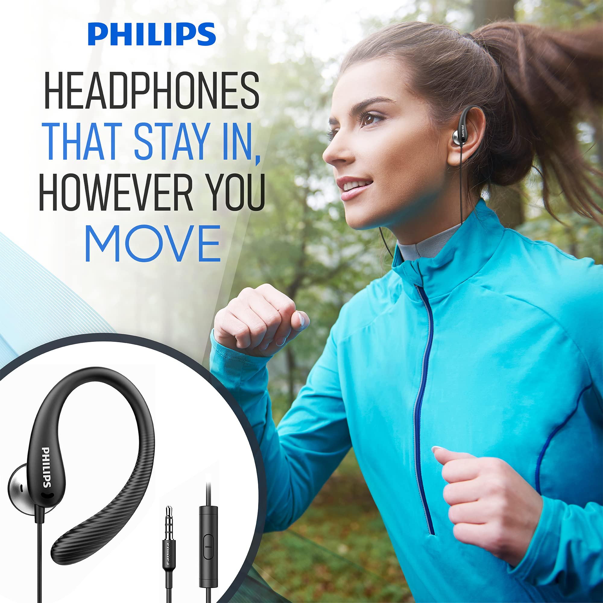 PHILIPS Over The Ear Earbuds, Flexible Wrap Around Earbuds, Around Ear Headphones with Mic Behind The Ear Headphones, Perfect for Sports, Running, Exercise, Gym (Black)