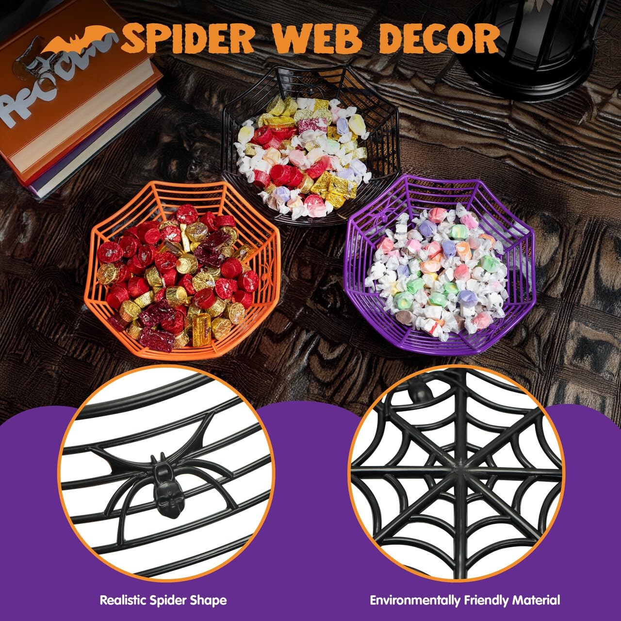 JOYIN 3 Pcs Halloween Candy Bowl Dish Spider Web Halloween Decorations Indoor Decor, Party Supplies Favors Table Desk Haunted House Trick Or Treat Basket Plastic