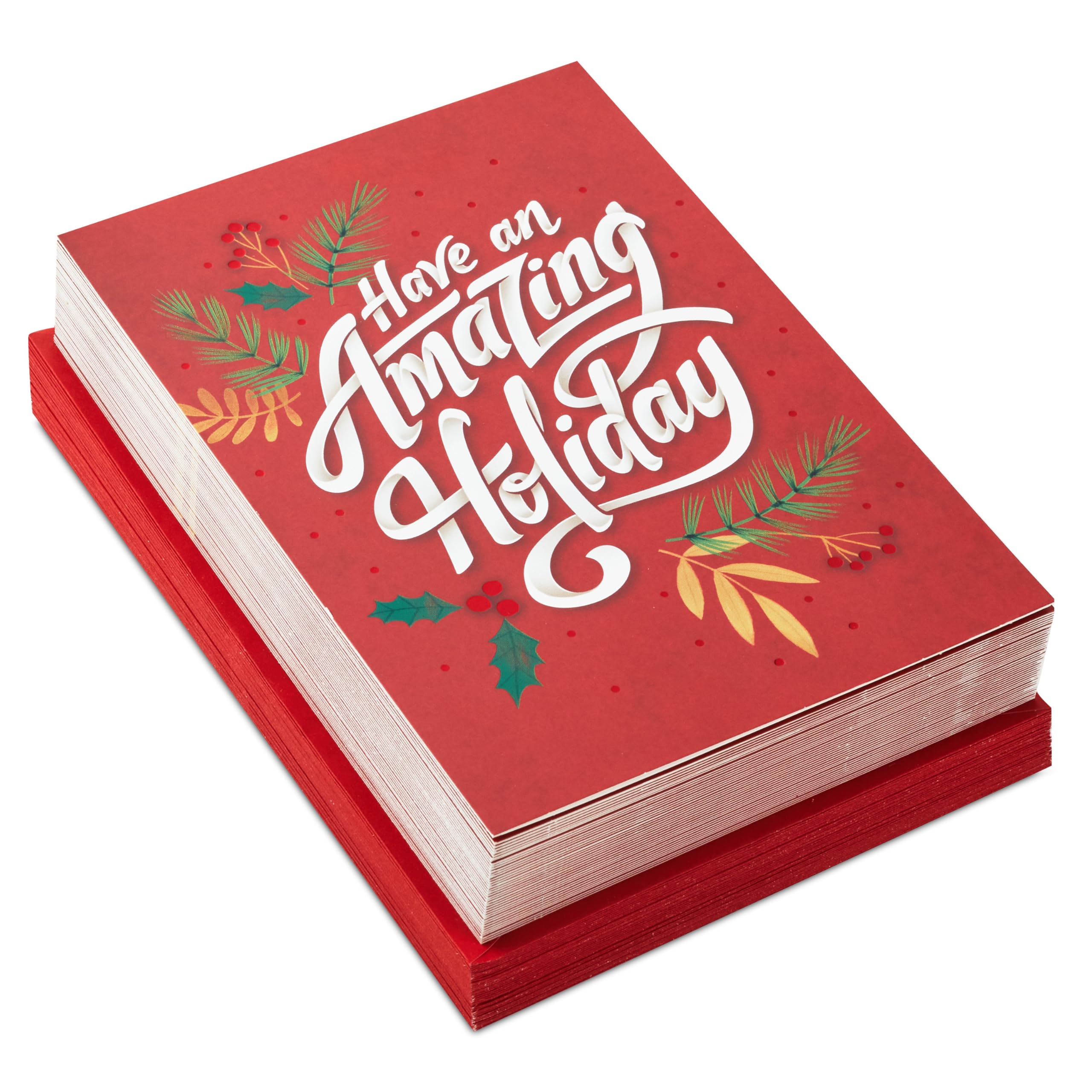 Hallmark Modern Boxed Christmas Cards, Amazing Holiday (40 Cards and 40 Envelopes) Evergreen Branches and Holly