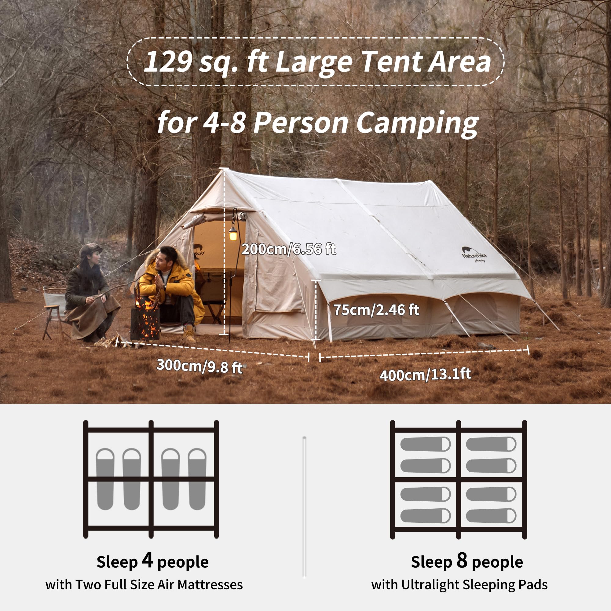 Naturehike Inflatable Tent House for Camping, Breathable Cotton Glamping Tent with Pump, Large Room 4 Season Tent for 4 Person, 4-8 Person Canvas Tent for Camping