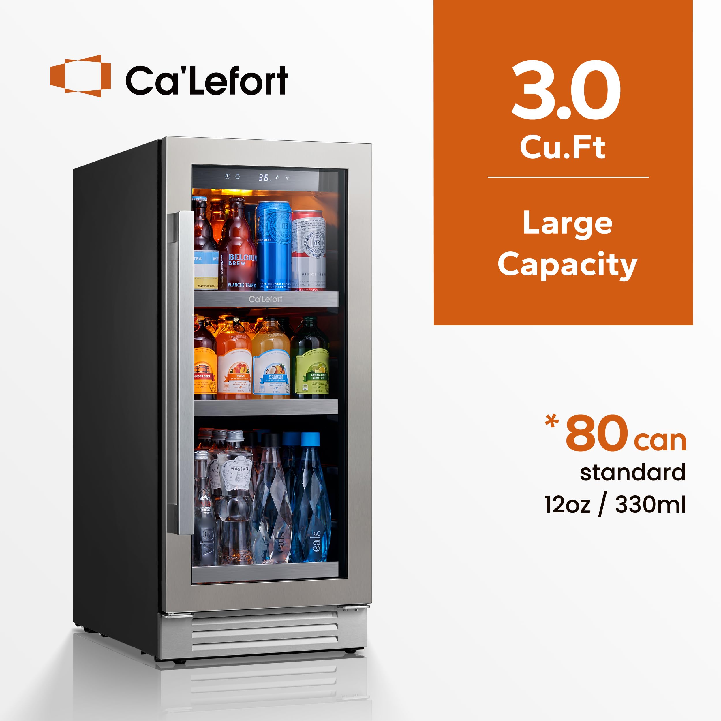 Ca'Lefort 15 Inch Beverage Refrigerator - 80 Can Small Beverage Fridge, Drink Fridge Glass Door 3 LED 34°F -54°F Beverage Cooler Built-in or Freestanding, Perfect for Home/Kitchen(3.0 cu.ft)