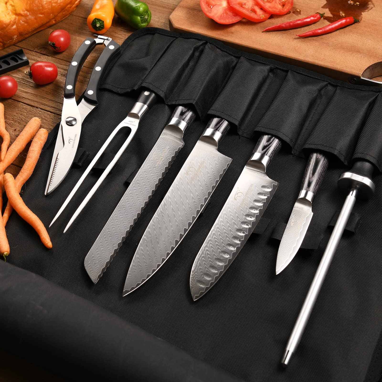 NANFANG BROTHERS Chef Knife Set with Bag, 8 Pieces Damascus Steel Chef Knives with Portable Knife Roll Storage Bag, Blade Guards, Carving Fork, Sharpener and Kitchen Shears for Outdoor Camping Travel