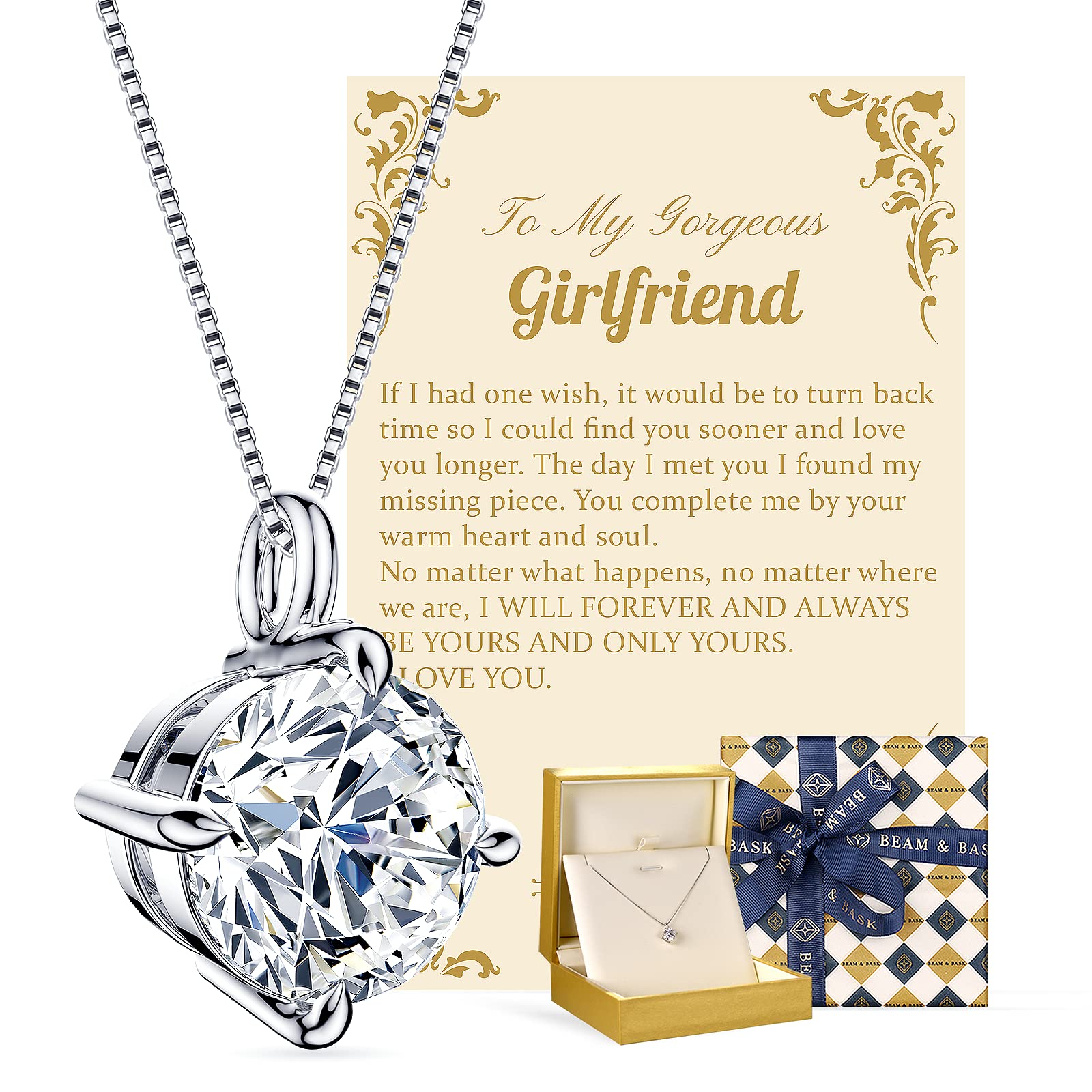 Beam & Bask Necklace Gifts for Girlfriend 2 Carat Moissanite Necklaces for Women Valentine's Day I Love You Gifts for Her Birthday Anniversary Jewelry Gift for Girlfriend