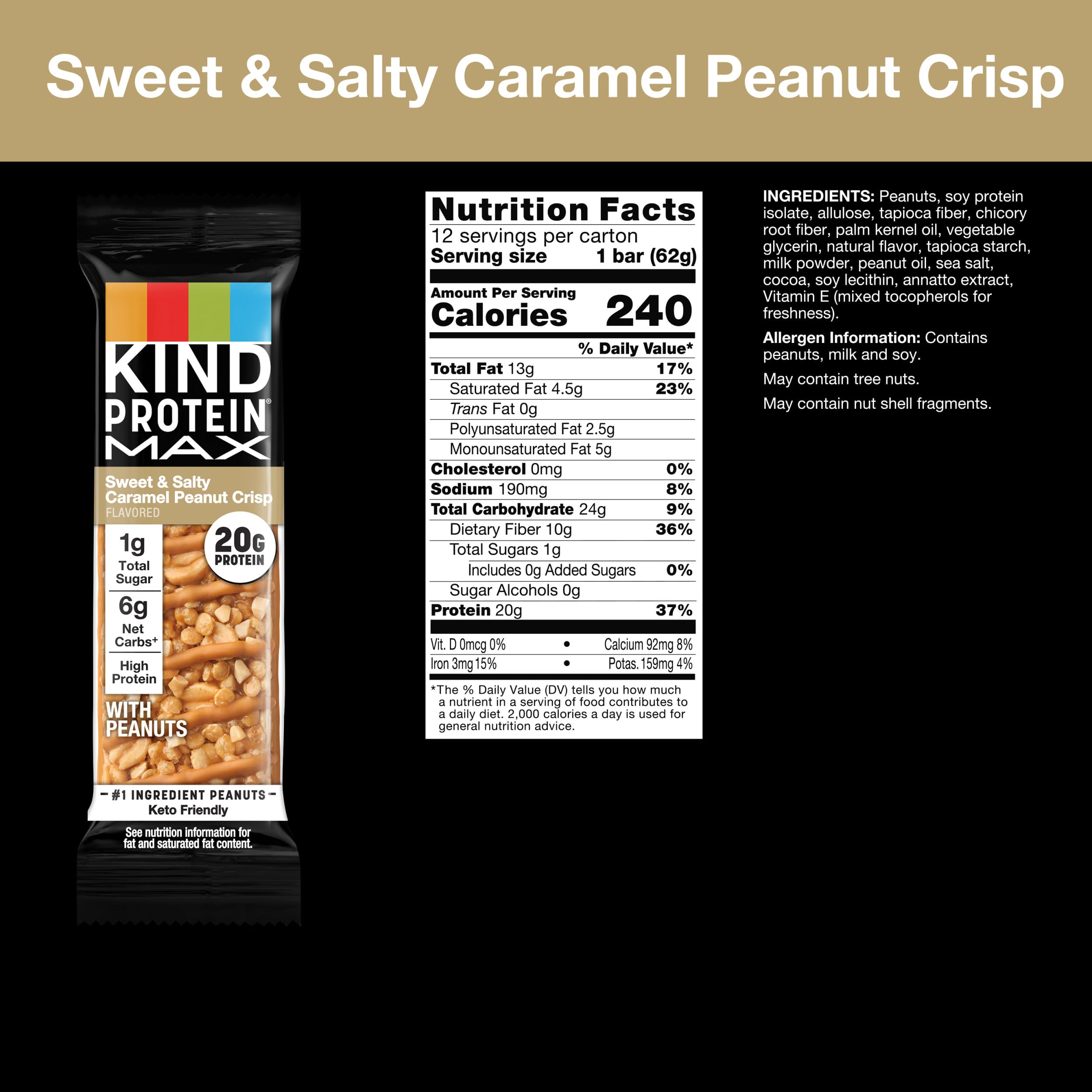 KIND Protein MAX Sweet & Salty Caramel Peanut Crisp Snack Bars, Keto Friendly, 20g Protein, 12 Count