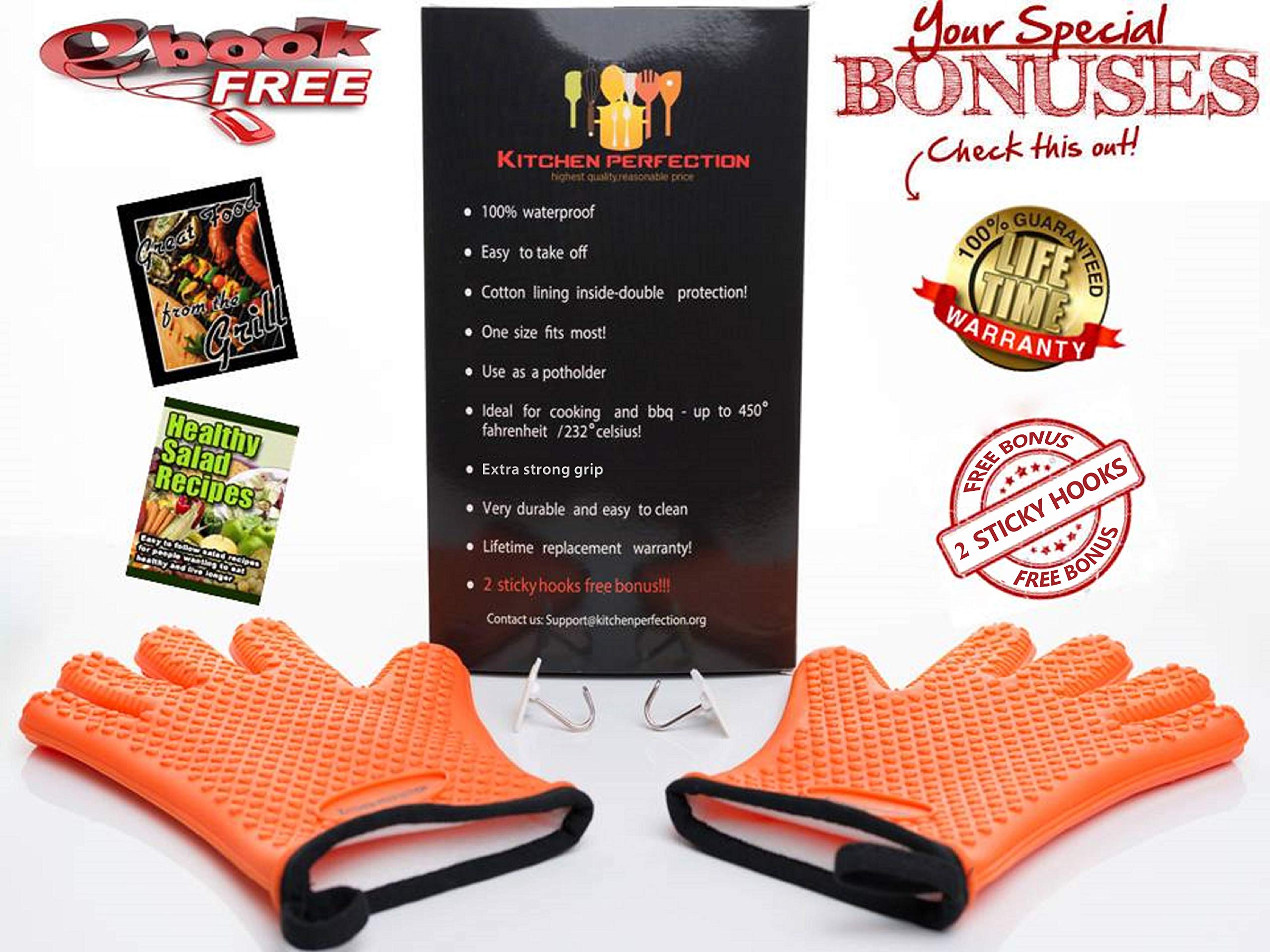 KITCHEN PERFECTION Silicone Smoker Oven Gloves -Extreme Heat Resistant BBQ Gloves -Handle Hot Food Right on Your Grill Fryer Pit|Waterproof Oven Mitts |Superior Value Set+3 Bonuses