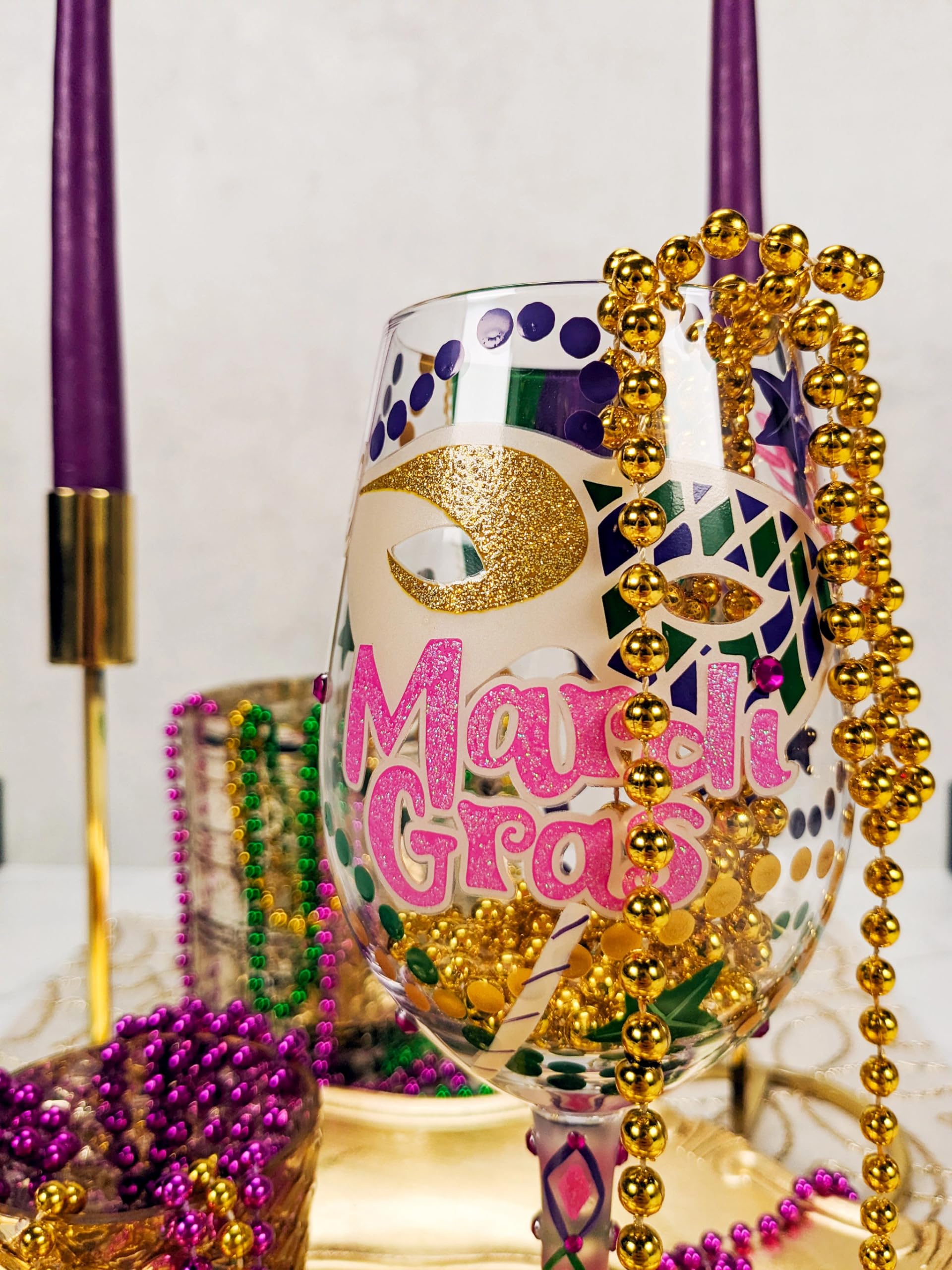 Enesco Designs by Lolita Mardi Gras Hand-Painted Artisan Wine Glass, 15 Ounce, Multicolor