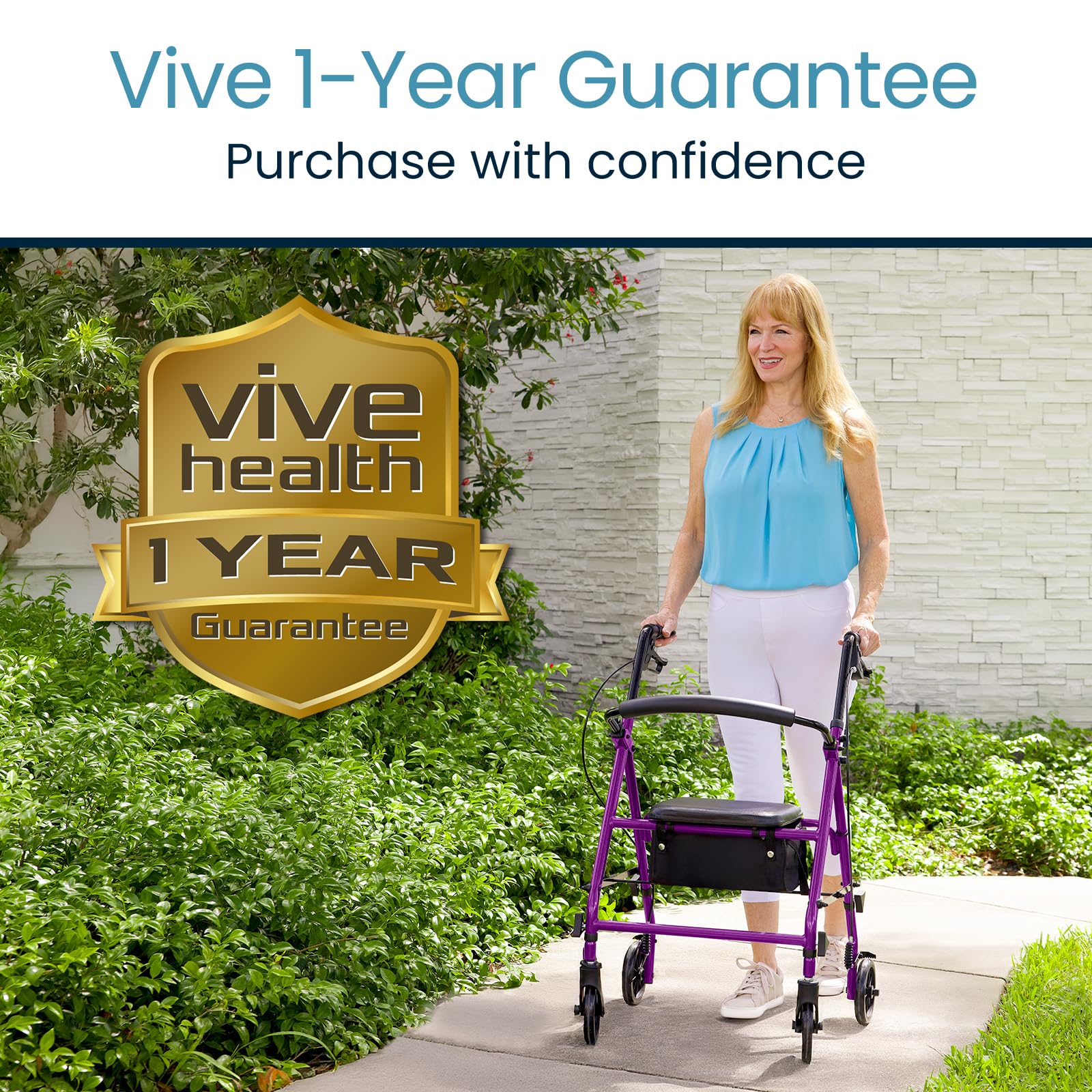 Vive Mobility Steel Rollator Walker with Seat - Foldable, Narrow, Rolling Senior Walker for Small Spaces - 4 Wheel Lightweight Adult Easy Drive with Underseat Storage, Adjustable Height (Purple)