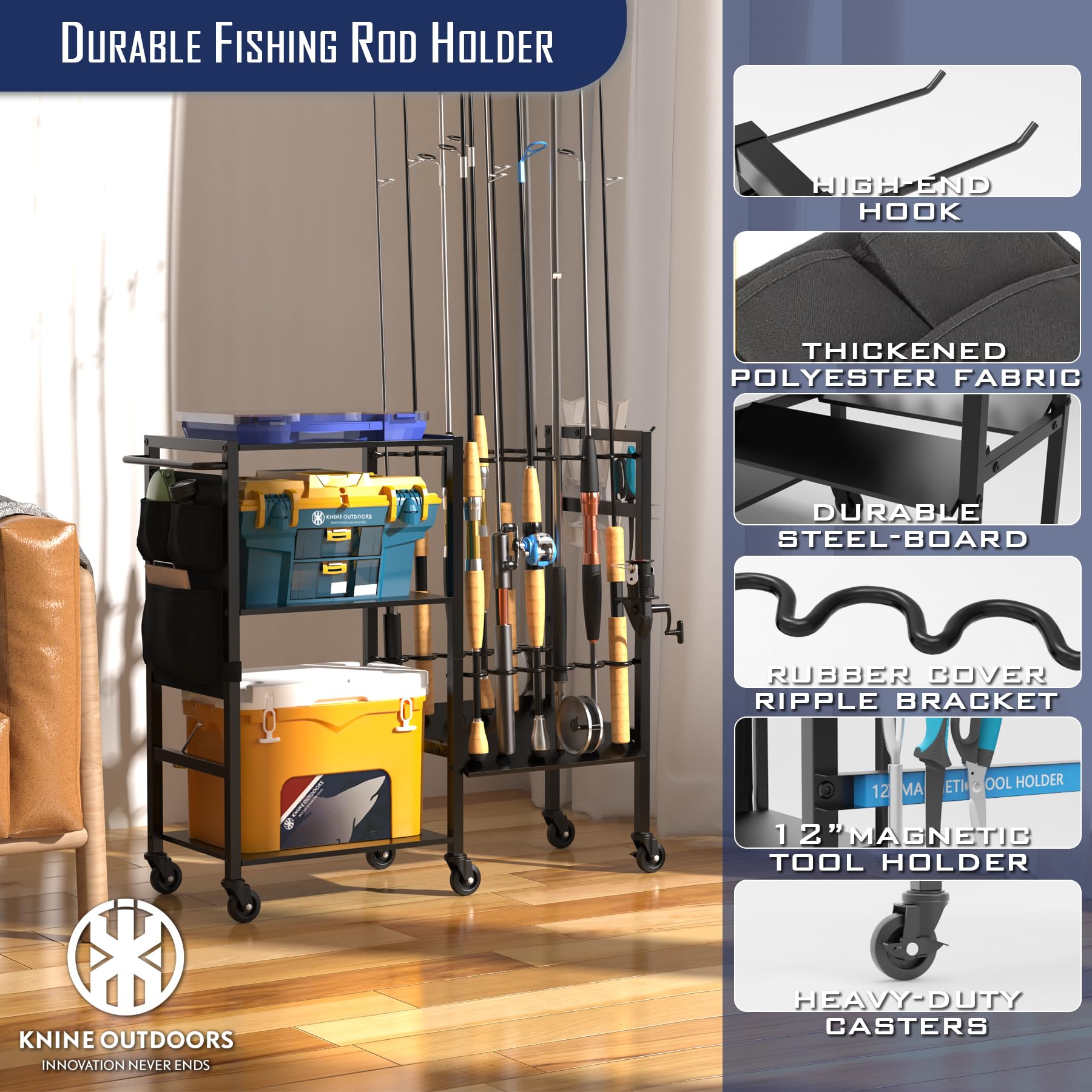 KNINE OUTDOORS Garage Fishing Pole Holders - 12 Rod Holders, 3 Layers of Storage Space for Fishing Gear and Equipment