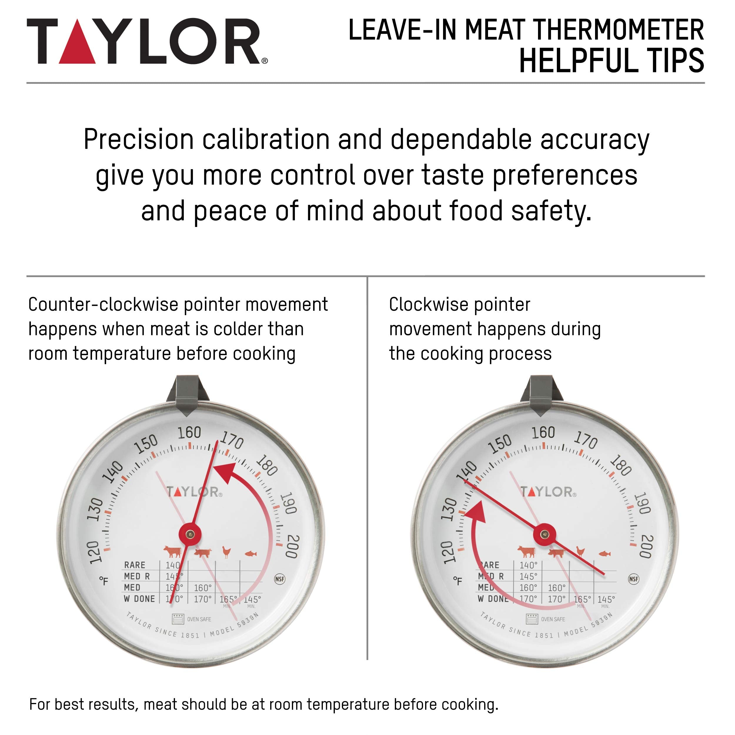 Taylor Leave-in Meat Oven Safe Compact Analog Dial Meat Food Grill BBQ Kitchen Cooking Thermometer, 3 inch dial, Stainless Steel