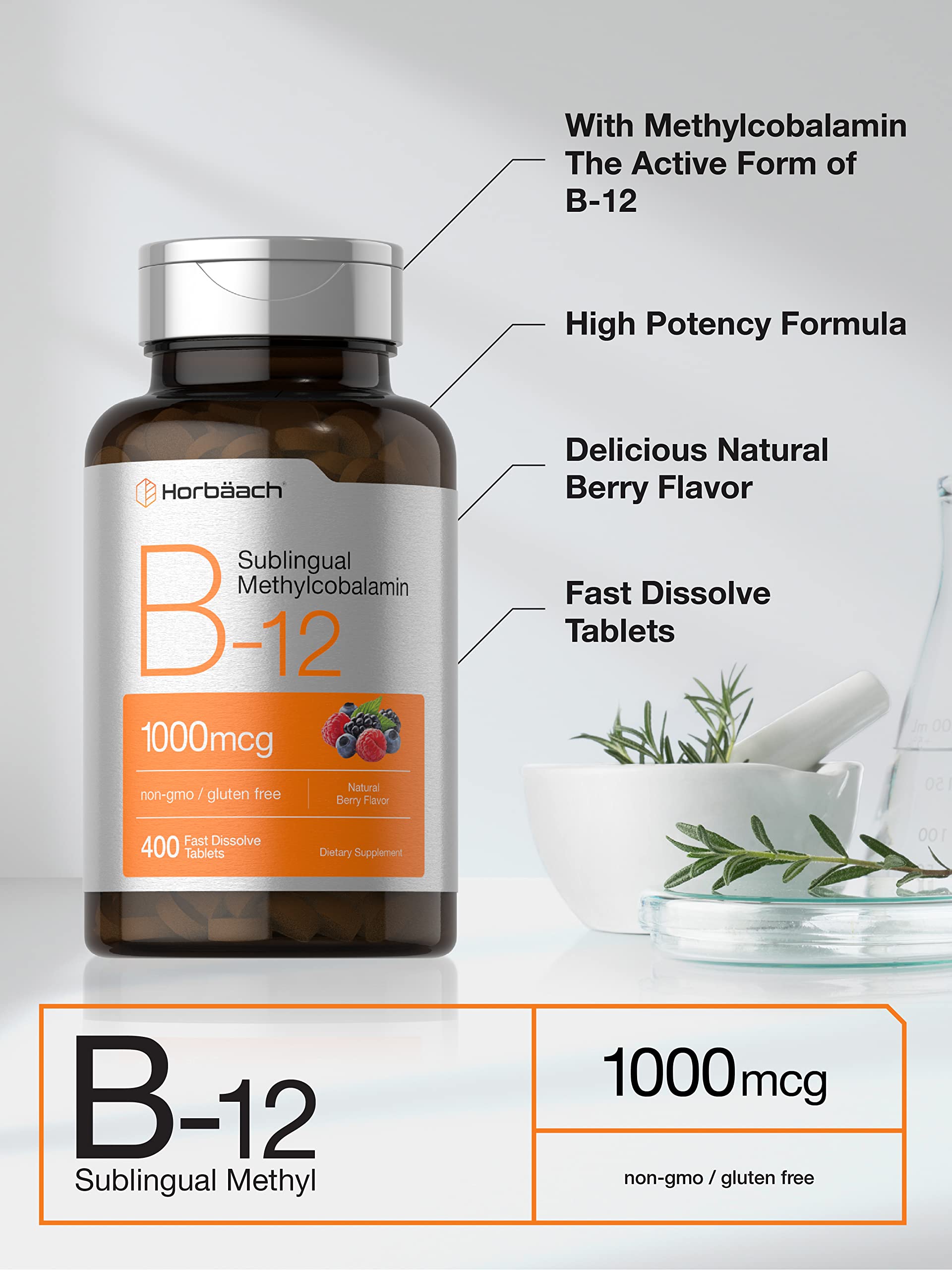 Horbäach Vitamin B12 Sublingual 1000 mcg | 400 Fast Dissolve Tablets | Methylcobalamin Supplement for Adults | Natural Berry Flavor | Vegan, Vegetarian, Non-GMO, and Gluten Free