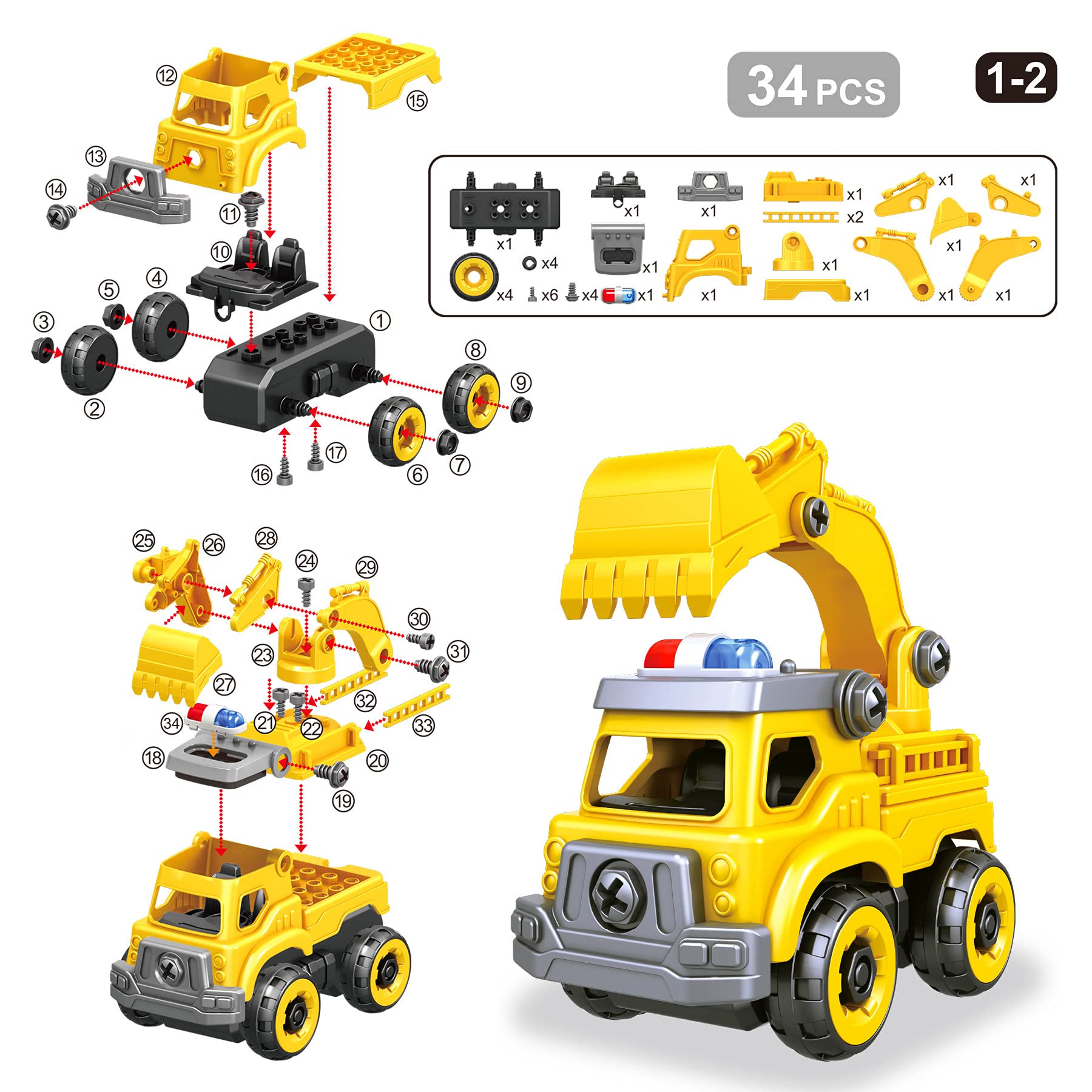 4-in-1 Take Apart Car Toys for Boys, DIY Engineering Construction Truck Toy Vehicle - Dump Truck, Cement Mixer, Excavator, Crane, Kids Building Educational Toy Gift for Age 3 4 5 6 7 8 Year Old Girls