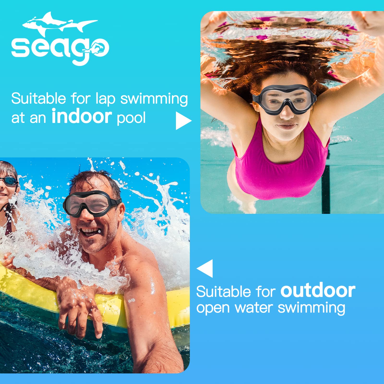 Seago Swim Goggles No Leaking Anti-Fog Swimming Goggles for Adult Men Women Youth Junior with Soft Silicone Gasket, UV Protection Waterproof 180° Clear Vision, Triathlon Pool Goggles Swim Glasses