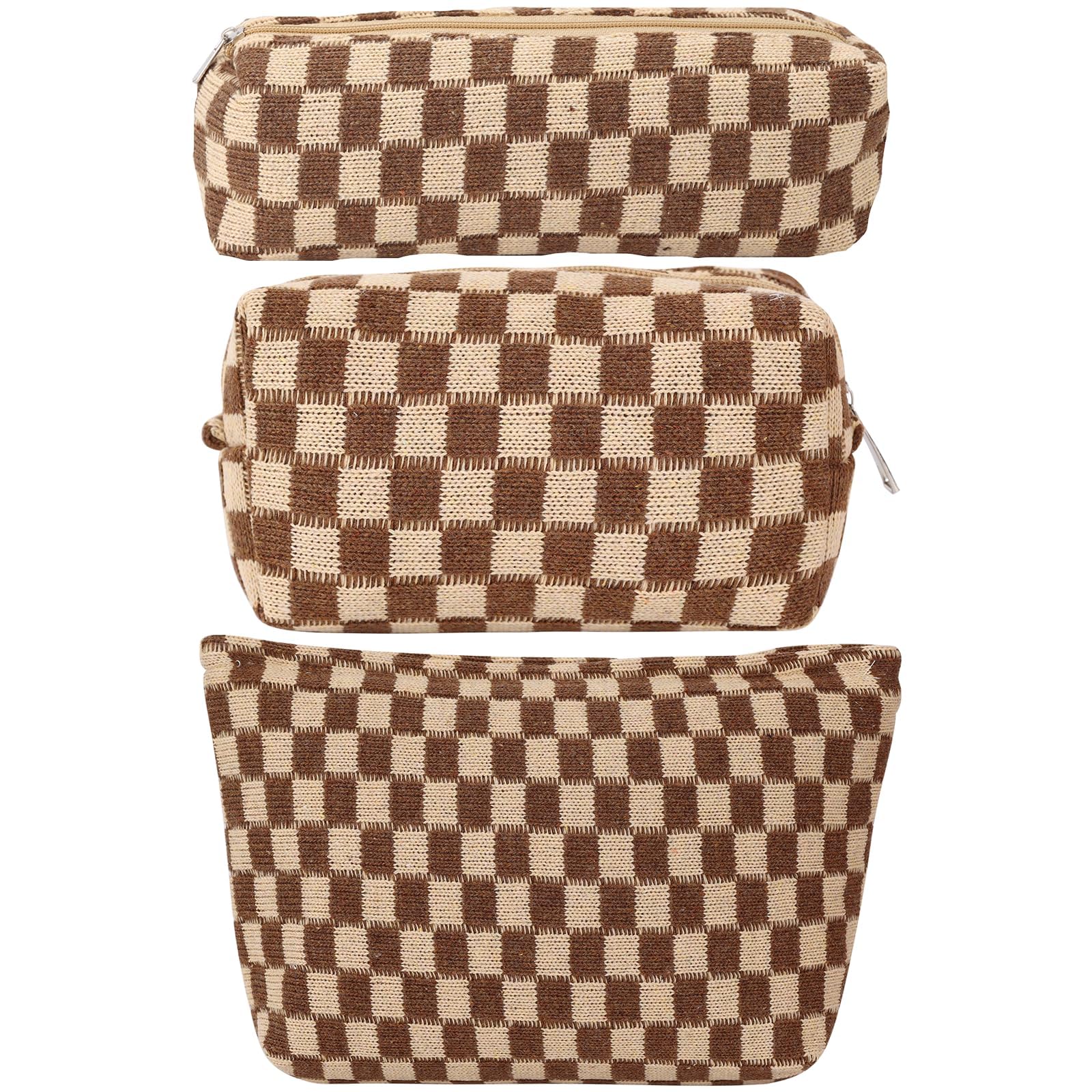 LYDZTION Large Capacity Makeup Bag Set - 3 Pieces Checkered Cosmetic Bag for Women Travel Makeup Bag Organizer Cute Makeup Brushes Storage Bag Travel Toiletry Bag Storage Bag for Women,Brown