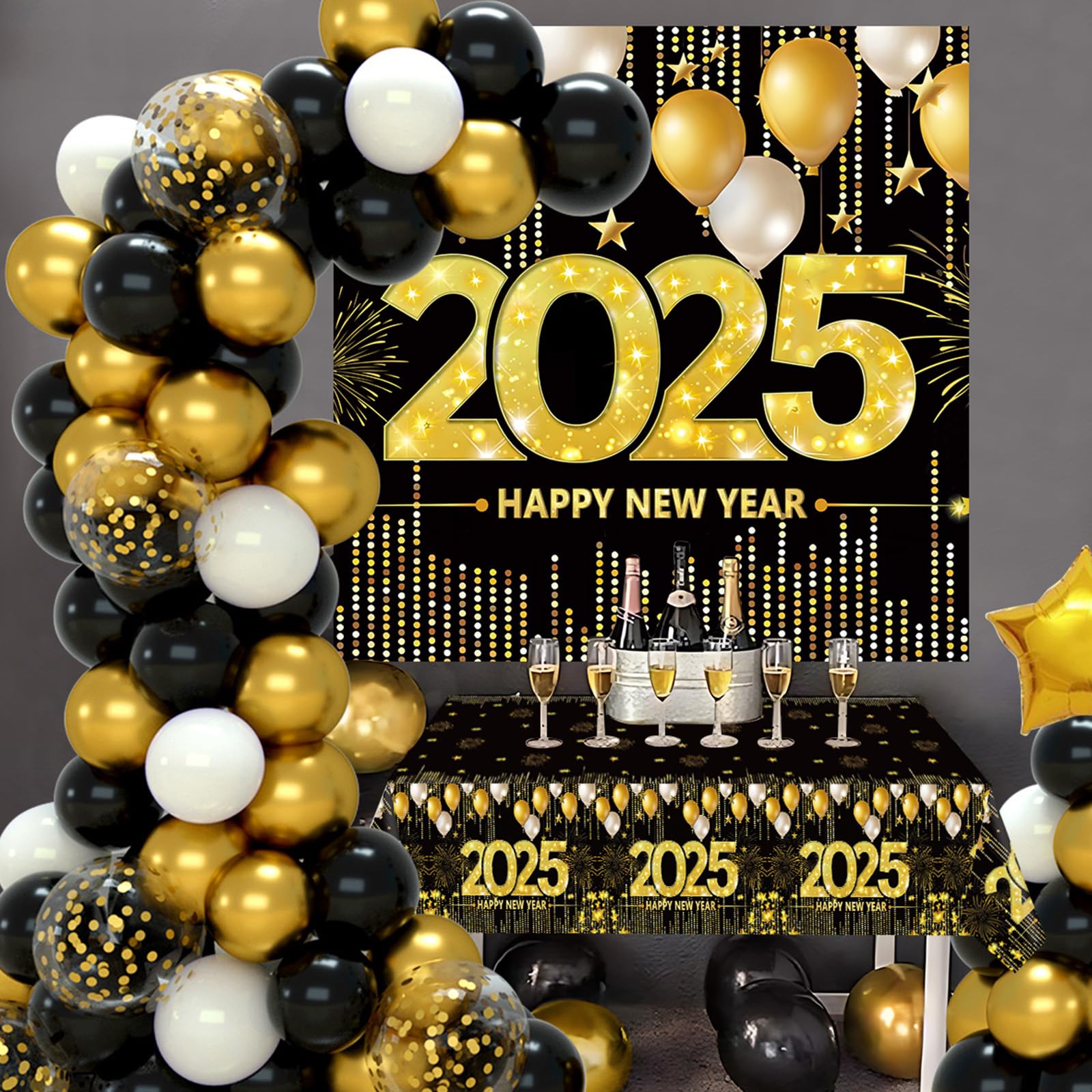 Happy New Years Party Decorations 2025 - New Years Balloon Garland Arch Kit,Happy New Years Eve Party Supplies,Black and Gold Confetti Balloon Backdrop Tablecloth for New Year Party Anniversary 101PCS