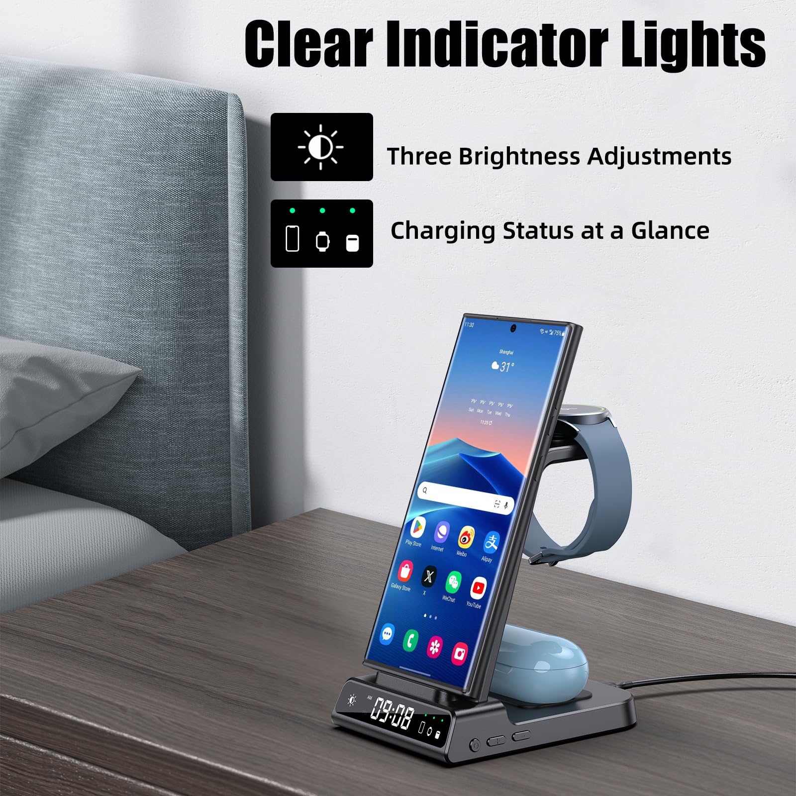 Wireless Charger for Samsung Charging Station, 3 in 1 Android Phone Wireless Charger for Samsung Galaxy S24 Ultra/S23 Ultra/Z Flip 6/Fold 6/Buds, Charger for Galaxy Watch Ultra/7/6/5/4/3 (Black)