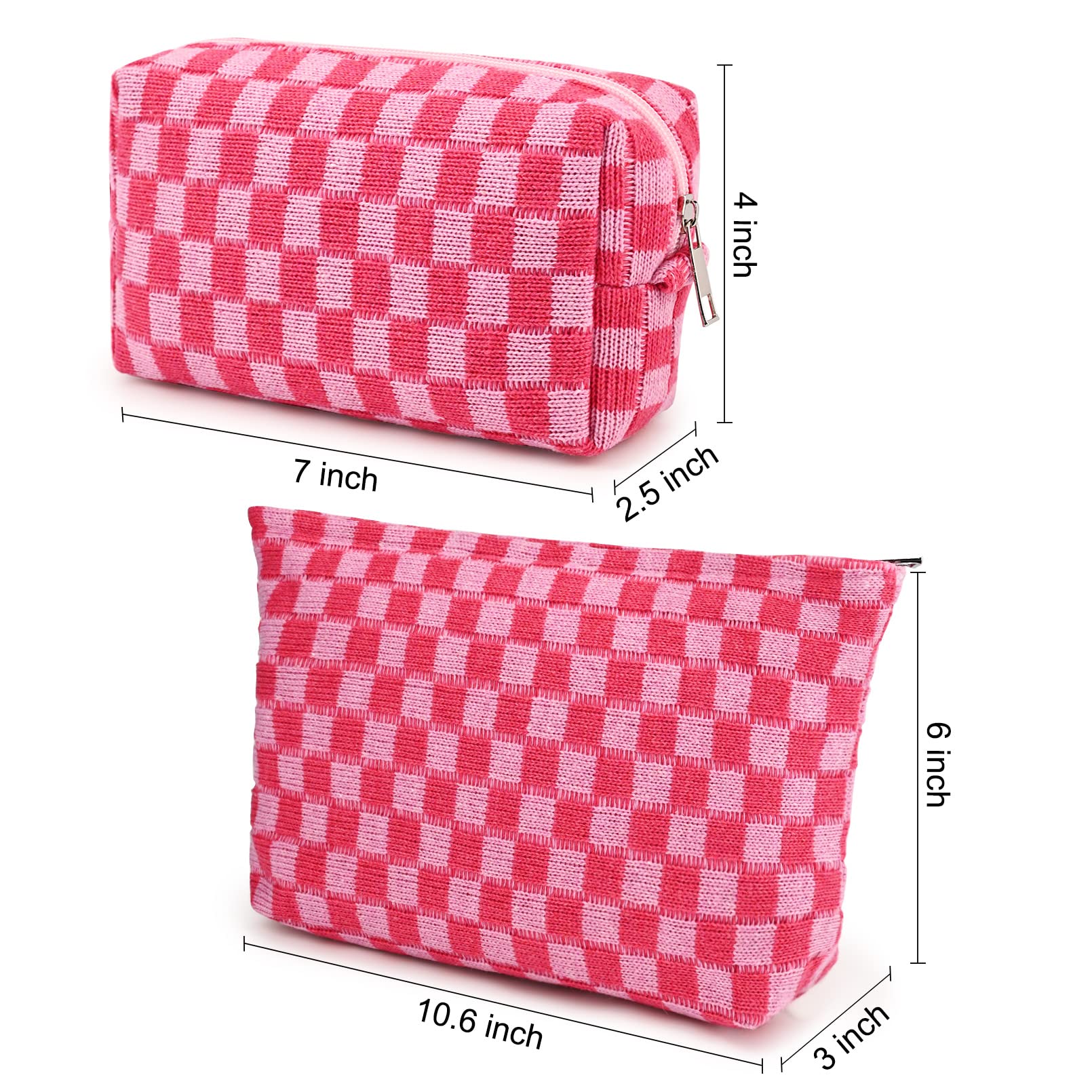 SOIDRAM 2 Pieces Makeup Bag Large Checkered Cosmetic Bag Capacity Canvas Mix Travel Toiletry Bag Organizer Cute Makeup Brushes Aesthetic Accessories Storage Bag for Women, Checkered Mix Rose Red