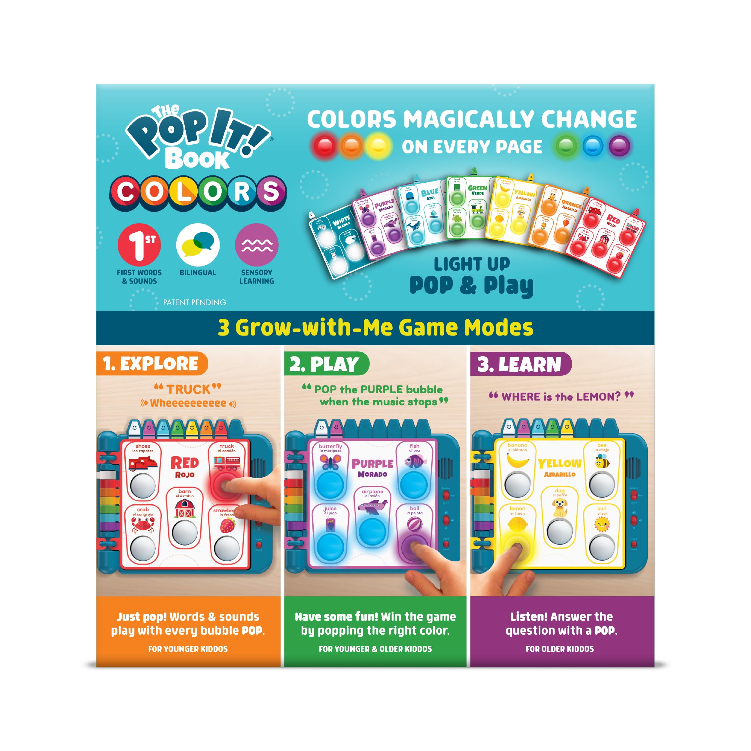 Chuckle & Roar Pop It! Book: Colors – Interactive Sensory Learning Book with Bilingual English & Spanish Play, Grow-with-Me Modes, Quiet Mode, Color Learning Toy for Toddlers Ages 1–4+