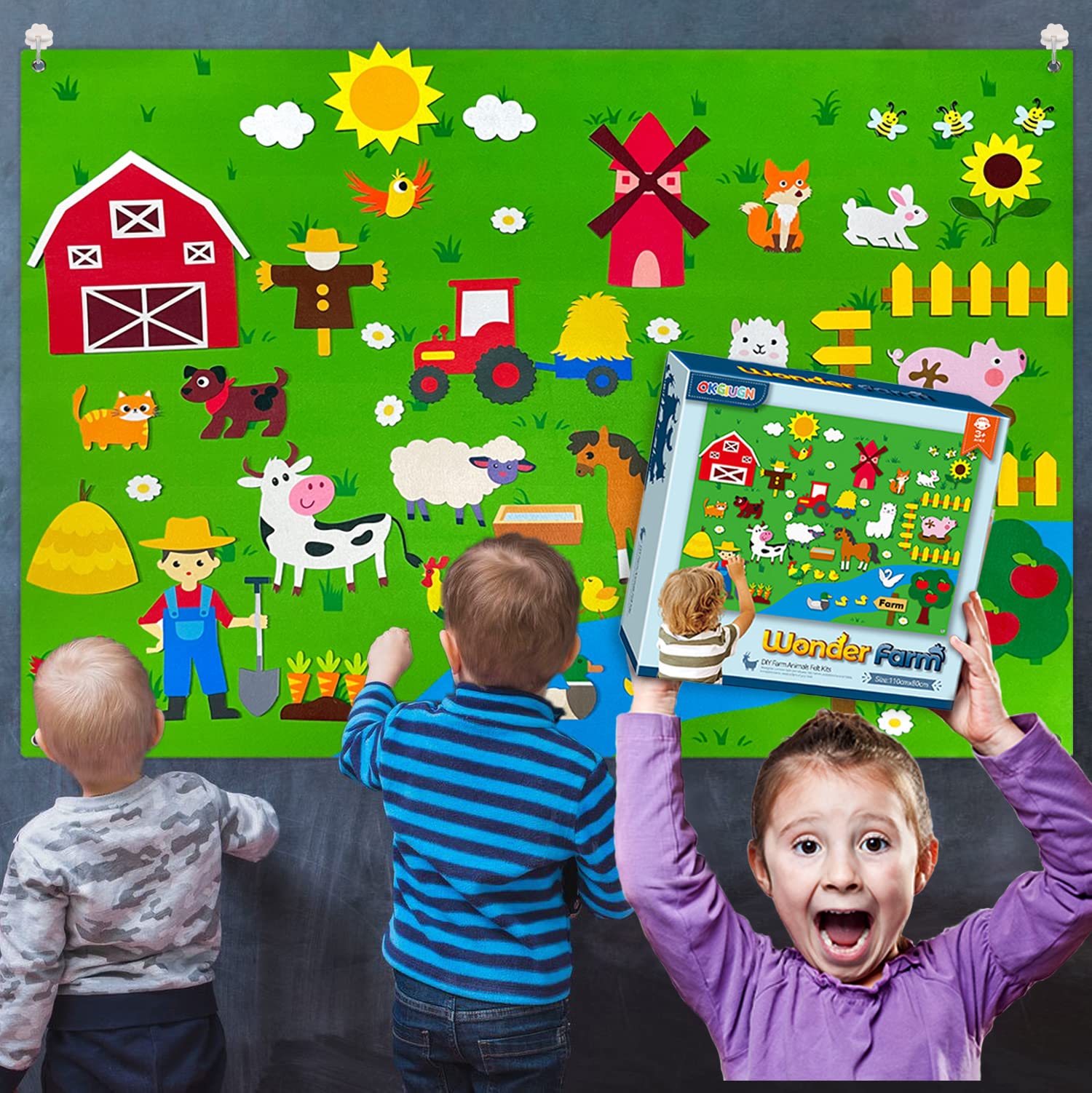 OKGIUGN 61 Pcs Farm Animals Story Felt Board, 3.6 Ft Farmhouse Themed Play Mat Wall Hanging Kit Toys, Birthday Gift for Toddlers Childrens