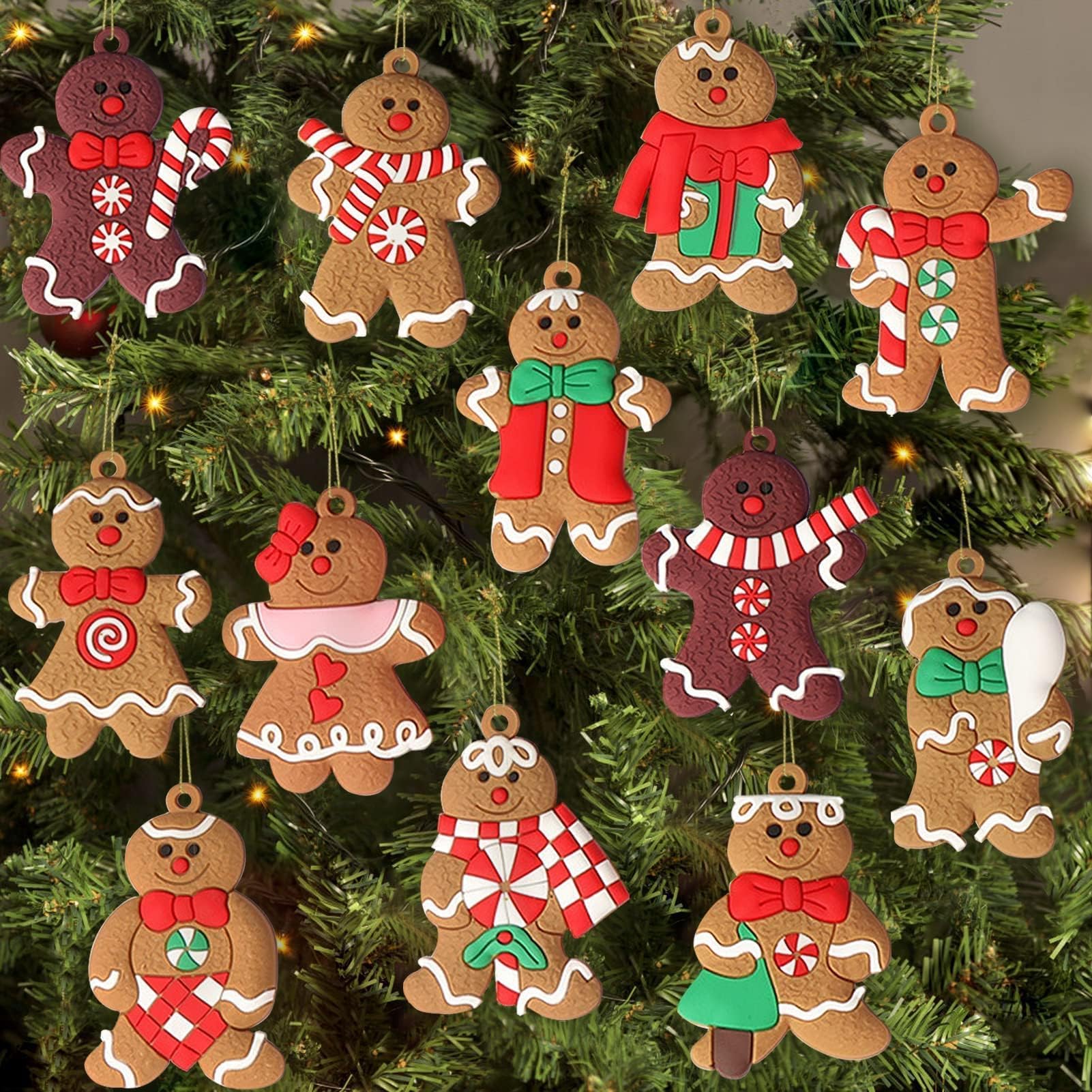 12pcs Gingerbread Man Ornaments for Christmas Tree, Assorted Gingerbread Figurines Ornaments, Christmas Tree Hanging Decorations, 3 Inch Tall