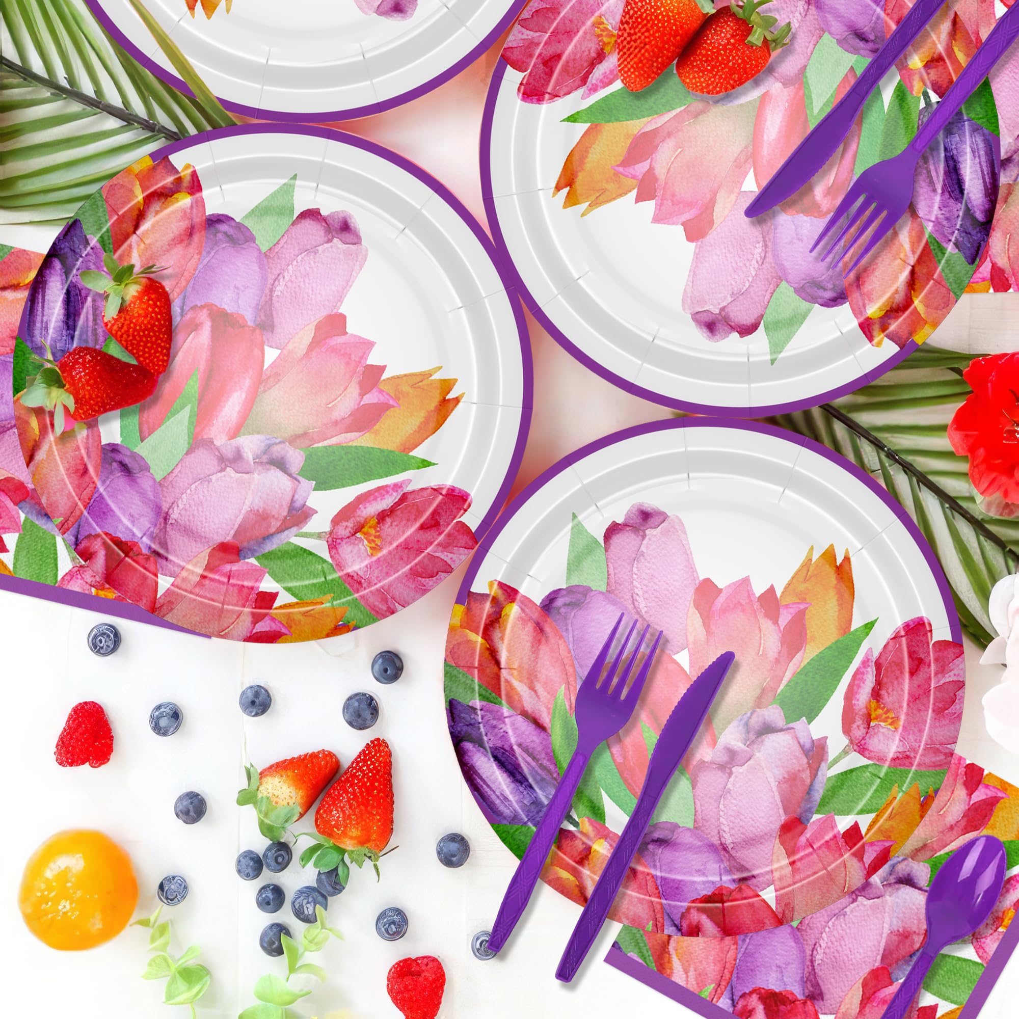 APOWBLS Tulip Floral Plates And Napkins Party Supplies, Tulip Flower Party Decorations Tableware, Plate, Cup, Napkin, Spring Summer Tulip Party Supplies For Birthday Baby Shower Tea Party | Serve 24