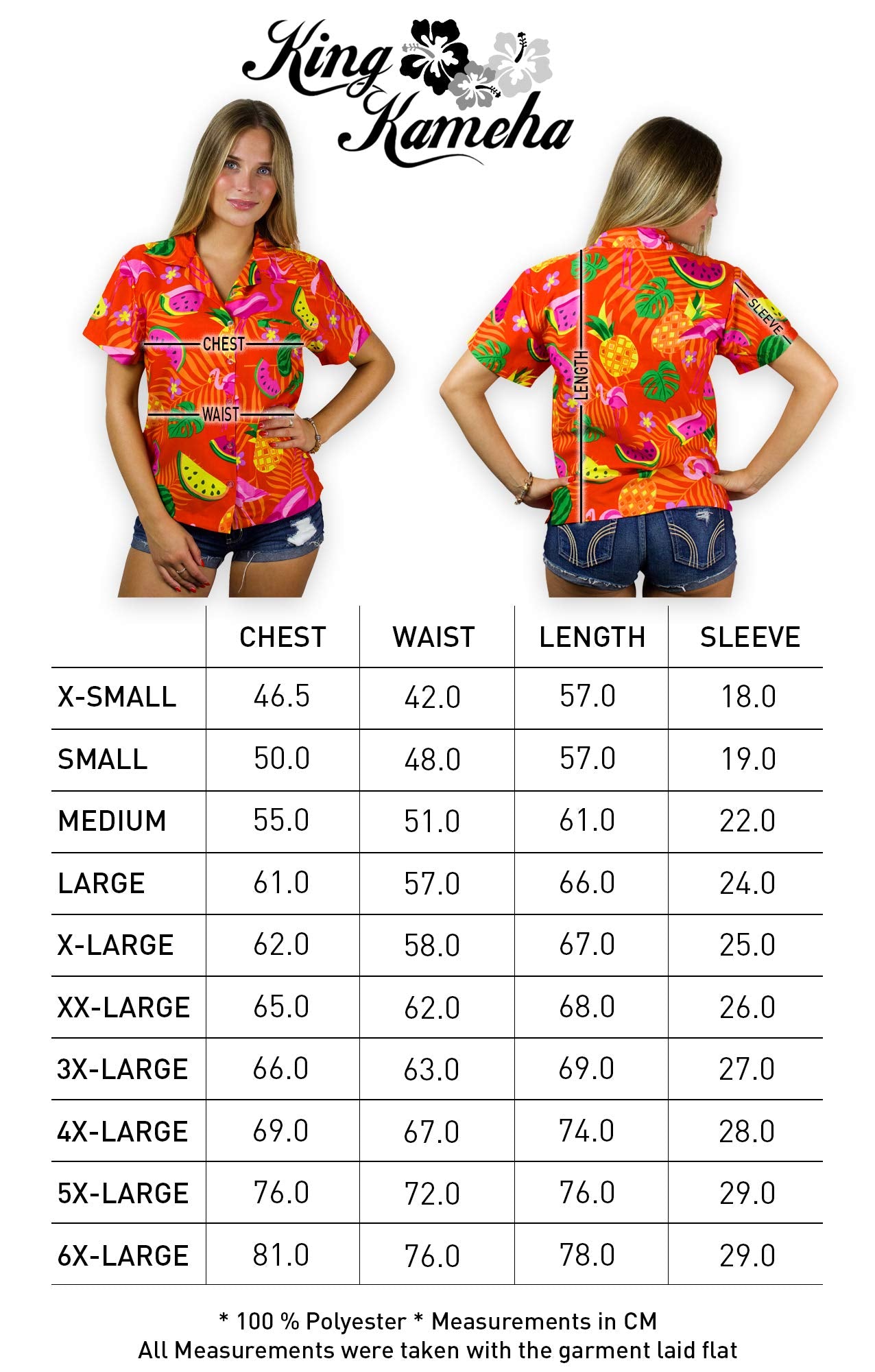 KING KAMEHA Hawaiian-Blouse Women Fruit-Designs Regular-Blouse Short-Sleeve, Flamingo-Melon, Orange, XS