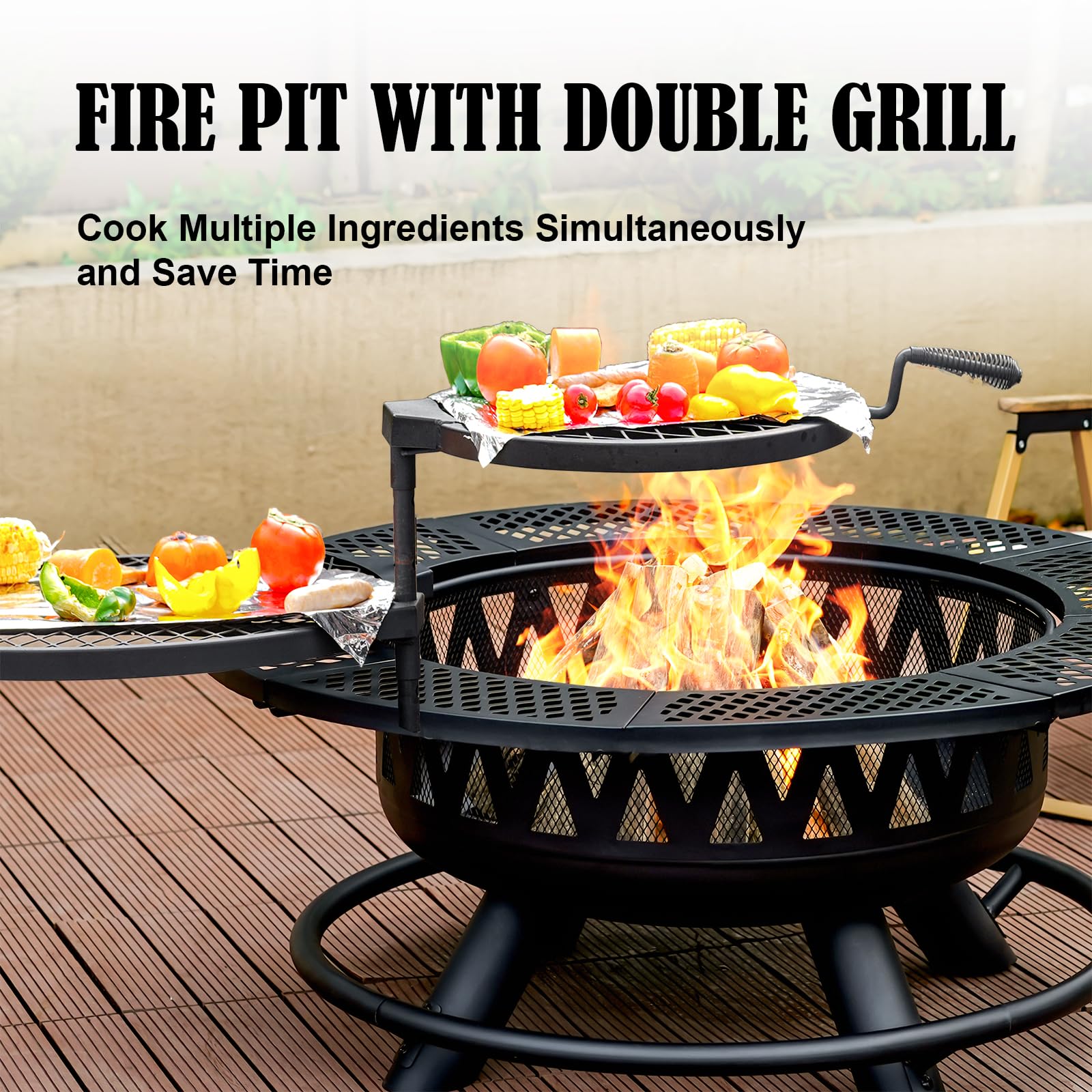36 Inch Fire Pit with 2 Grills, Large Outdoor Firepits for Outside, Wood Burning Fireplace for Camping,Picnic,Bonfire, 3-in-1 Round Metal Table with Lid for Backyard,Patio,Party