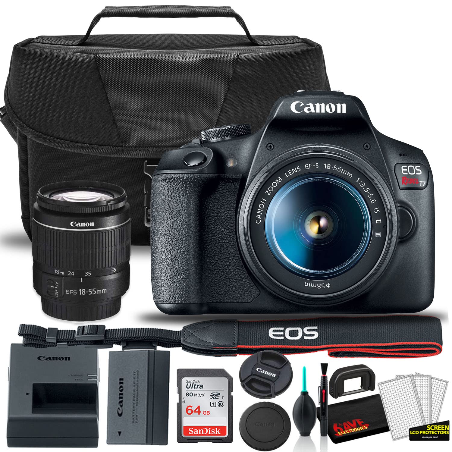 Canon EOS Rebel T7 DSLR Camera with 18-55mm Lens Starter Bundle + Includes: EOS Bag + Sandisk Ultra 64GB Card + Clean and Care Kit + More (Renewed)