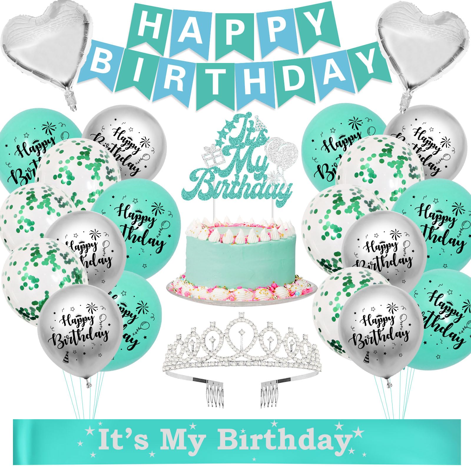 SKJIAYEE Teal Birthday Party Decorations for Girls Women, Silver Birthday Crown and Heart Star Foil Balloons, Happy Birthday Banner and Cake Topper, "It's My Birthday" Sash (Teal + Silver)