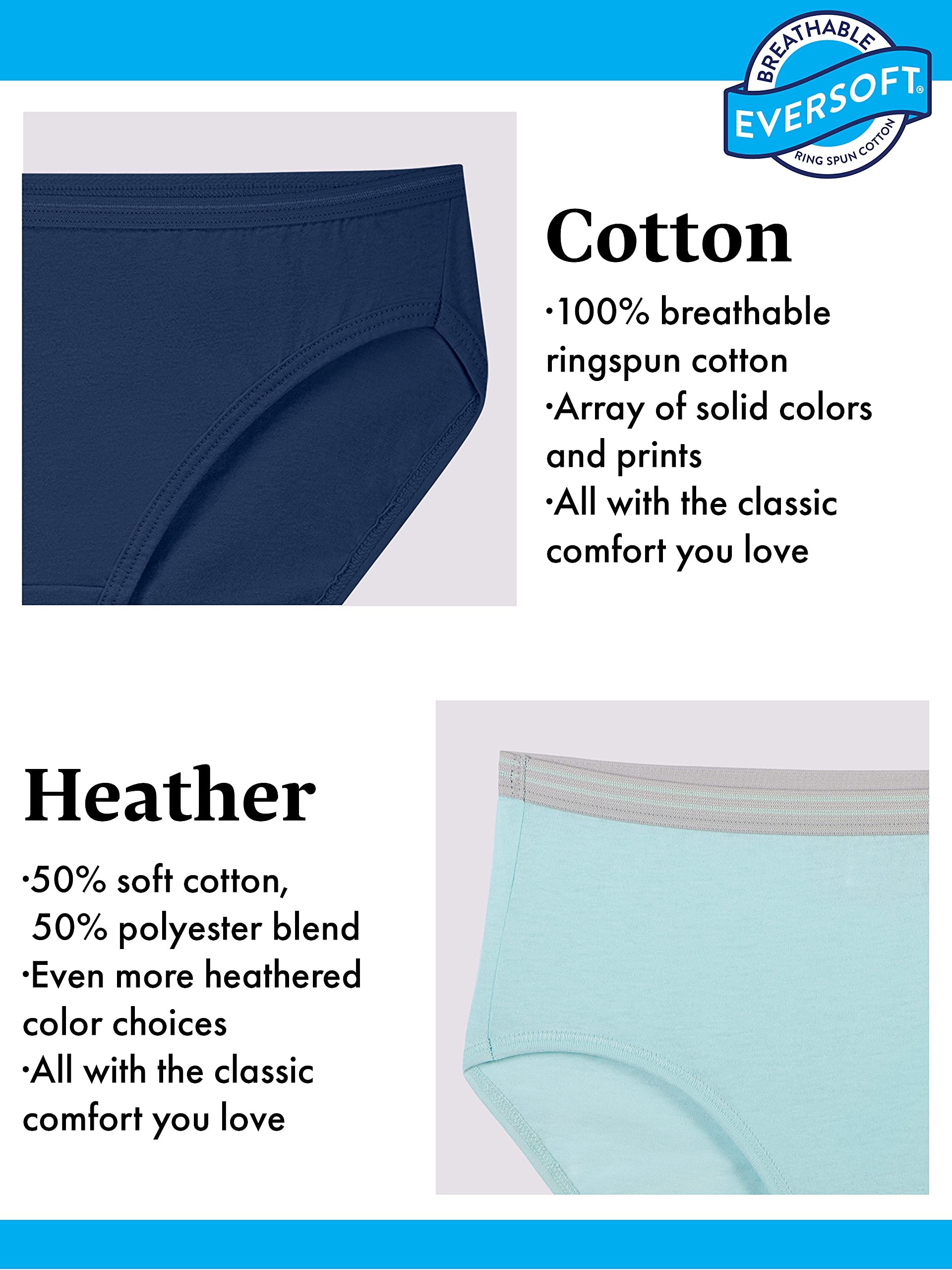 Fruit of the Loom Women's Eversoft Cotton Brief Underwear, Tag Free & Breathable, Available in Plus Size, 6 Count (Pack of 1)