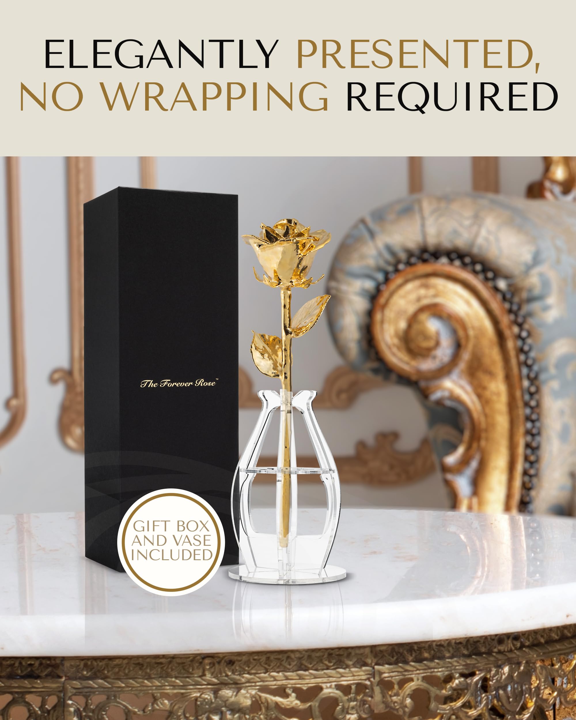 Forever Rose 24K Gold Dipped Real Rose – Handmade, Long-Lasting Preserved Flower in Bloom Box & Vase – Romantic Gift for Anniversary, Valentine's Day, Mother's Day, Birthday, Wedding, Wife, Girlfriend