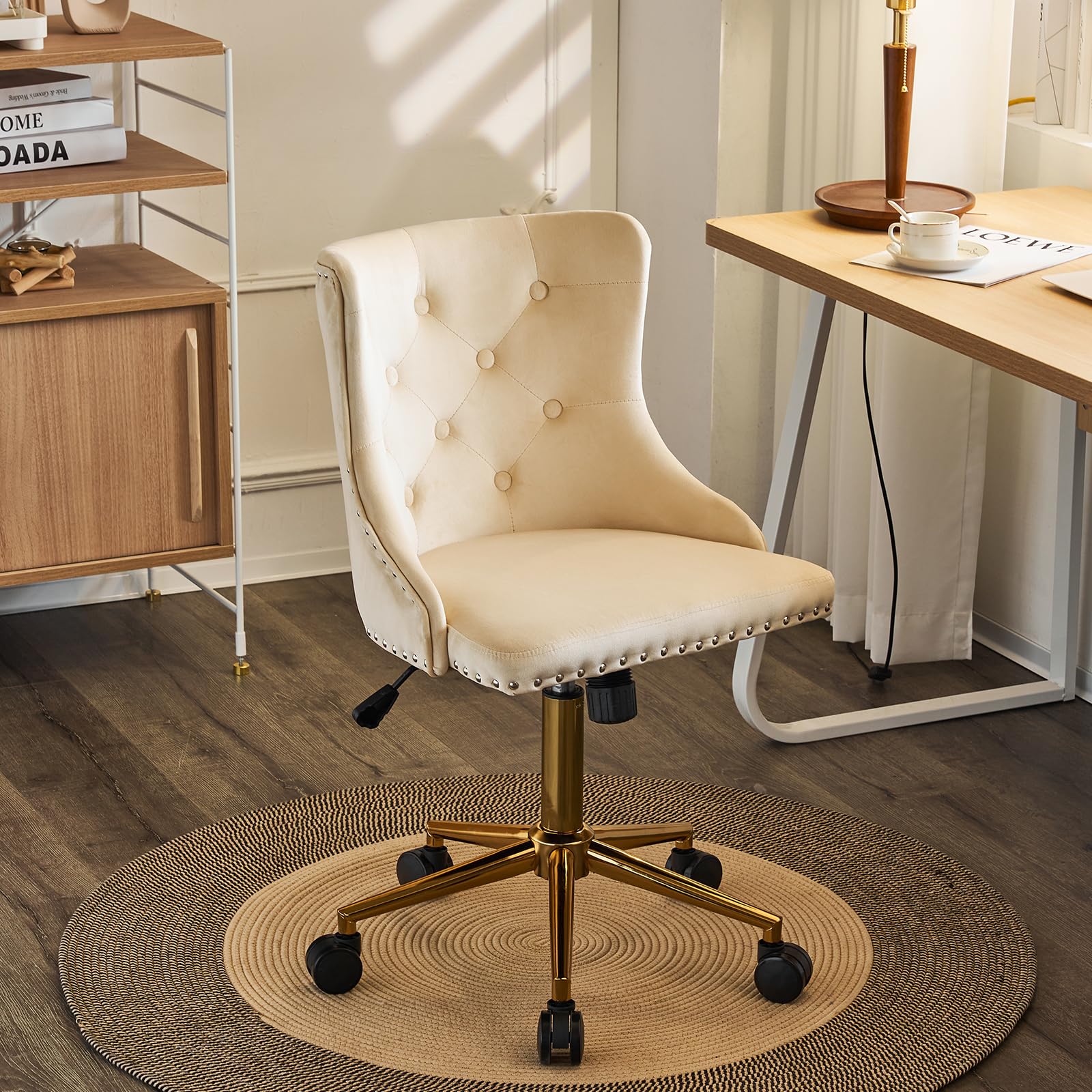 VINGLI Beige Velvet Armless Home Office Desk Chair with Gold Base/Wheels, Small Cute Vanity/Makeup Chair with Back for Bedroom, Upholstered Adjustable Rolling Swivel Nail Chair for Women/Girls