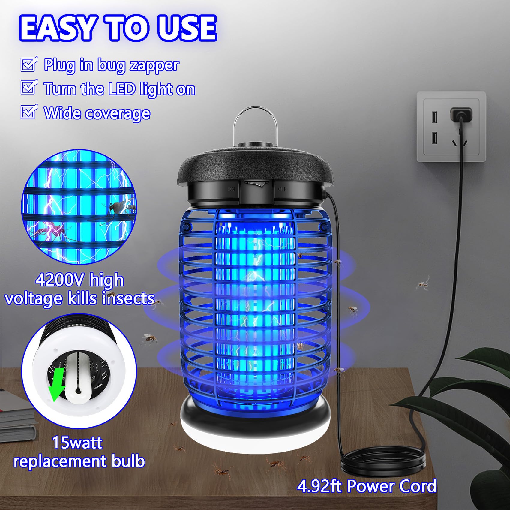 LUOJIBIE Bug Zapper Outdoor, Mosquito Zapper with LED Light, Fly Zapper Outdoor Indoor, Insect Zapper Electric Fly Traps, Plug in Mosquito Killer for Patio Yard