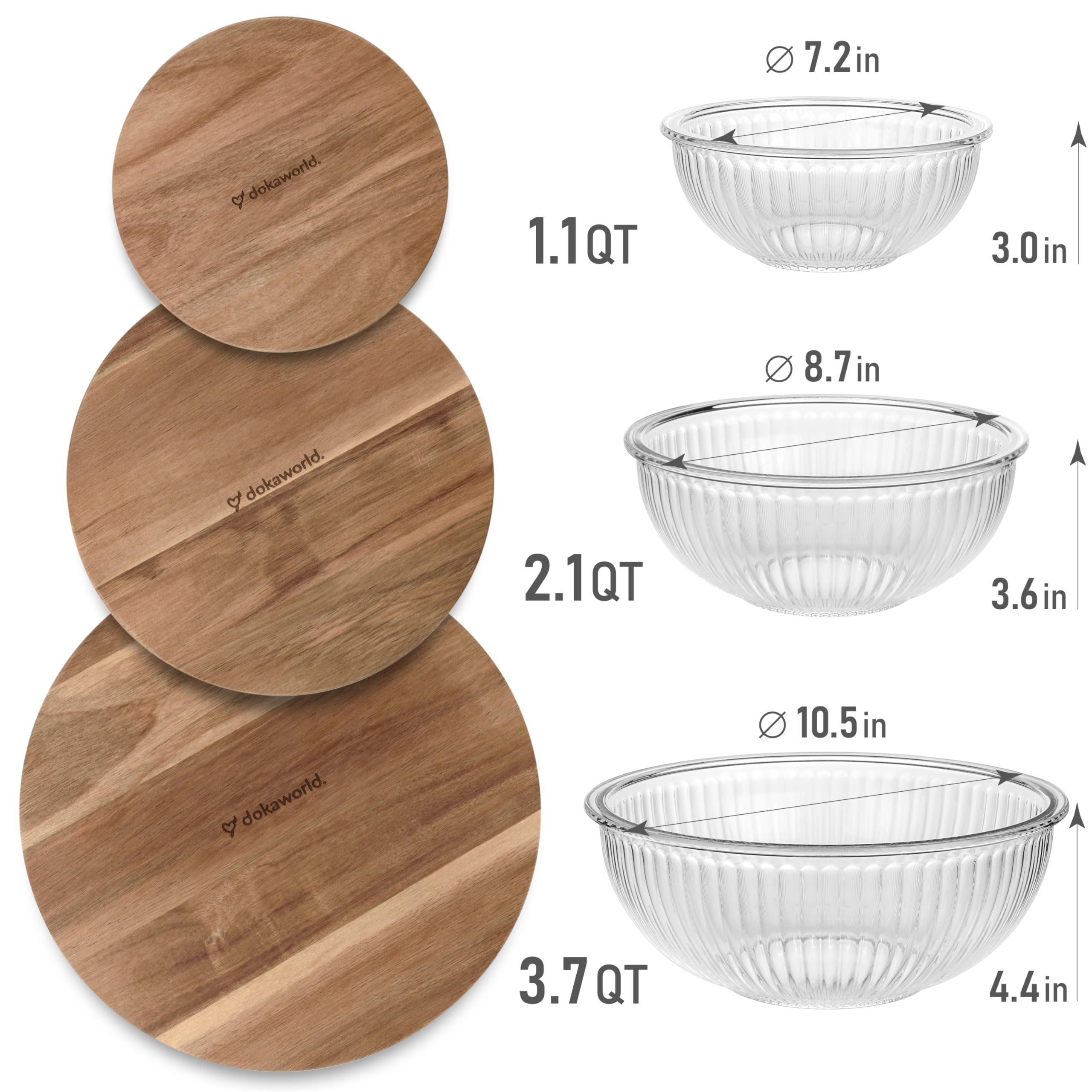 dokaworld Set of 3 Stackable Space-Saving Nesting Glass Salad Bowls with Acacia Lids for Foodprep, Storage, Baking, Mixing & Cooking - Microwave Safe Durable Inert Borosilicate Glass