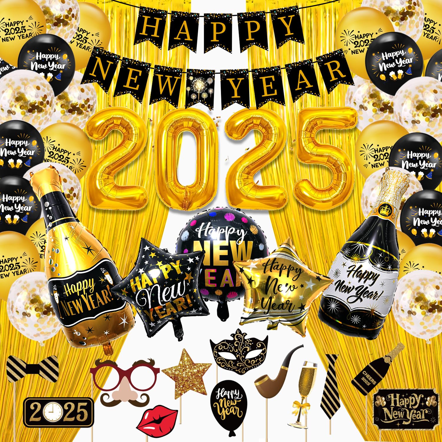 New Years Eve Party Supplies 2025,Champagne Bottle Balloons, Happy New Year Banner for Happy New Year Decorations 2025, New Years 2025 Balloons, Fringe Curtain for NYE Decorations 2025