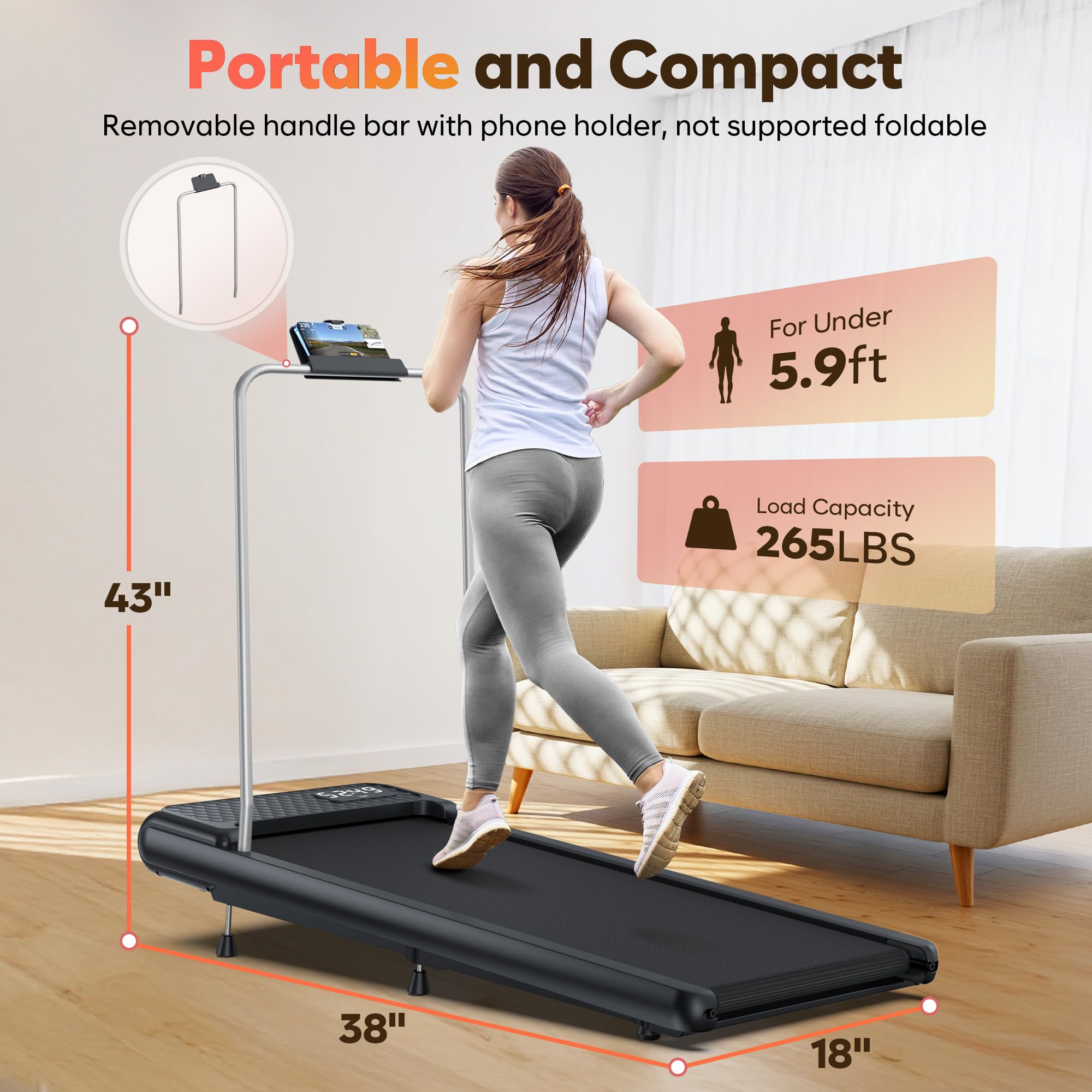 WELLFIT 10% Incline Walking Pad Treadmill with Handlebar,265LB Capacity,40 dB Low Noise Standing Under Desk Walking Jogging Running Machine for Home Office Apartment,APP/Remote Control,LED Display