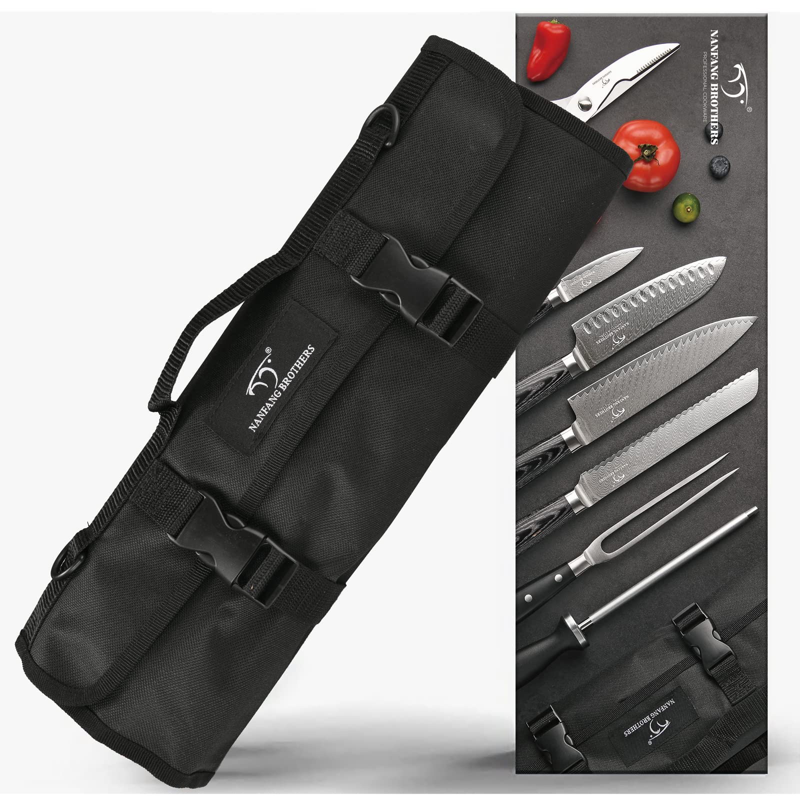 NANFANG BROTHERS Chef Knife Set with Bag, 8 Pieces Damascus Steel Chef Knives with Portable Knife Roll Storage Bag, Blade Guards, Carving Fork, Sharpener and Kitchen Shears for Outdoor Camping Travel