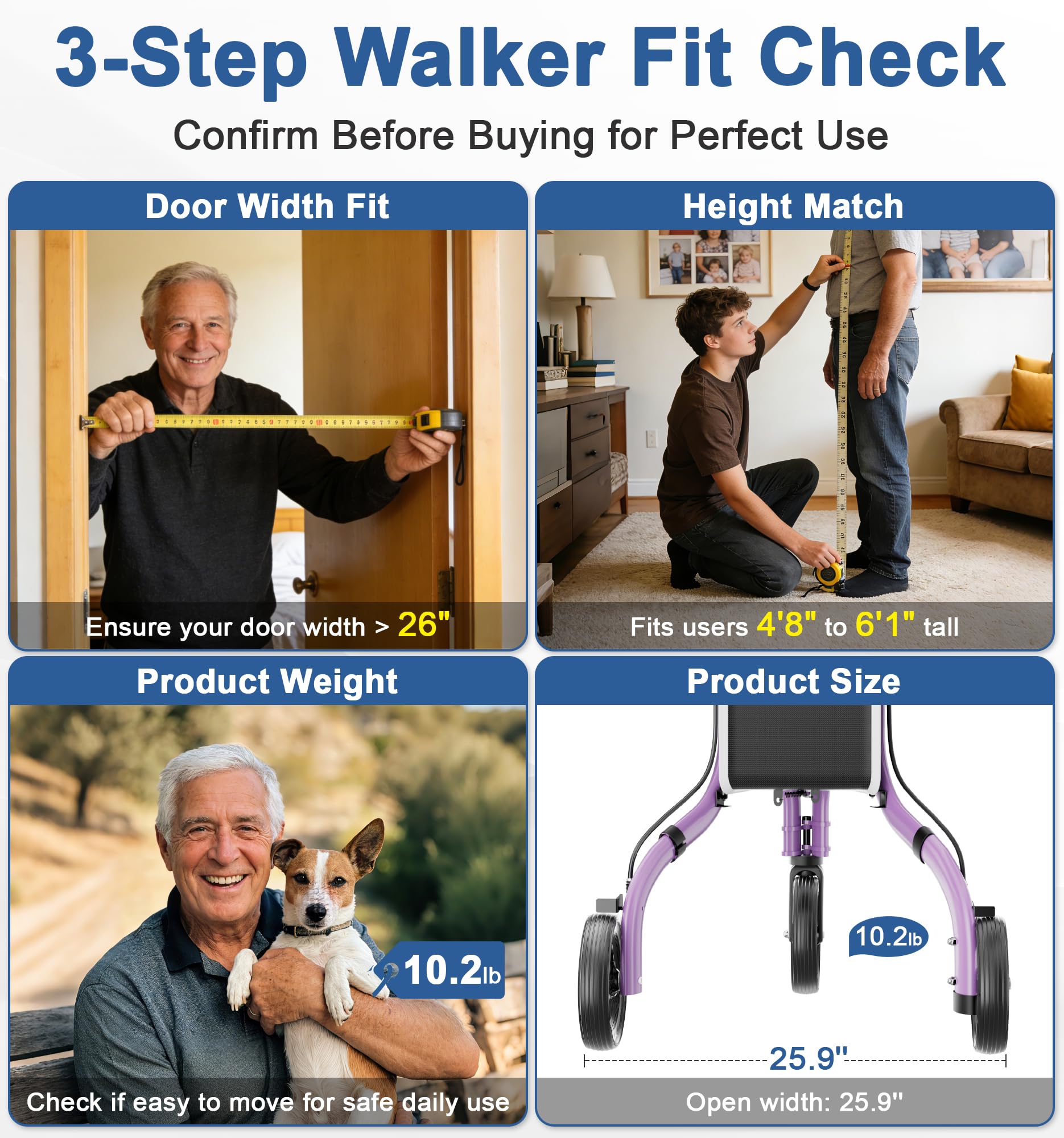 SOUNDFUSE 3 Wheel Walkers for Seniors, Lightweight Foldable Aluminum Rollator Walker, Height Adjustable Three Wheel Walker, Purple
