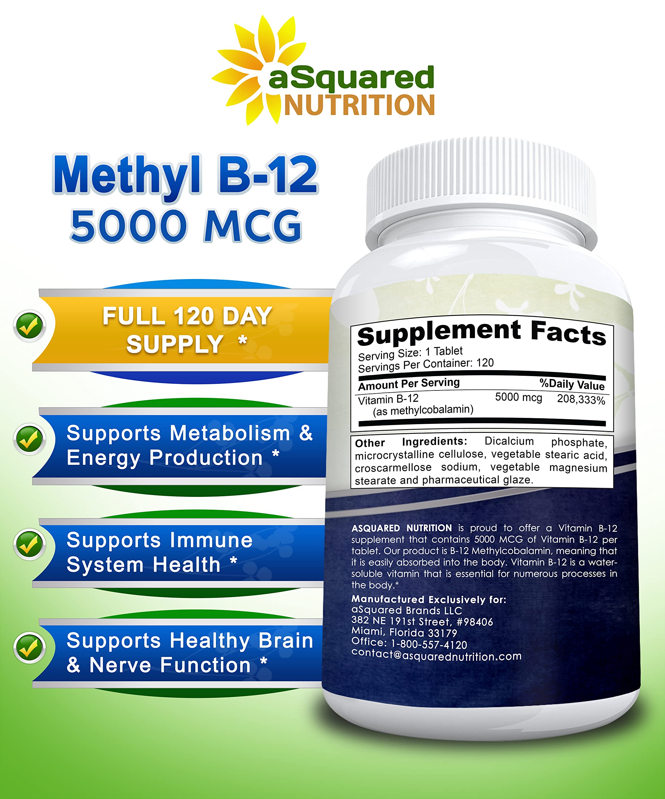 aSquared Nutrition Vitamin B12-5000 MCG Supplement with Methylcobalamin (Methyl B-12) - Max Strength Vitamin B 12 Support to Help Boost Natural Energy, Benefit Brain & Heart Function - 120 Tablets