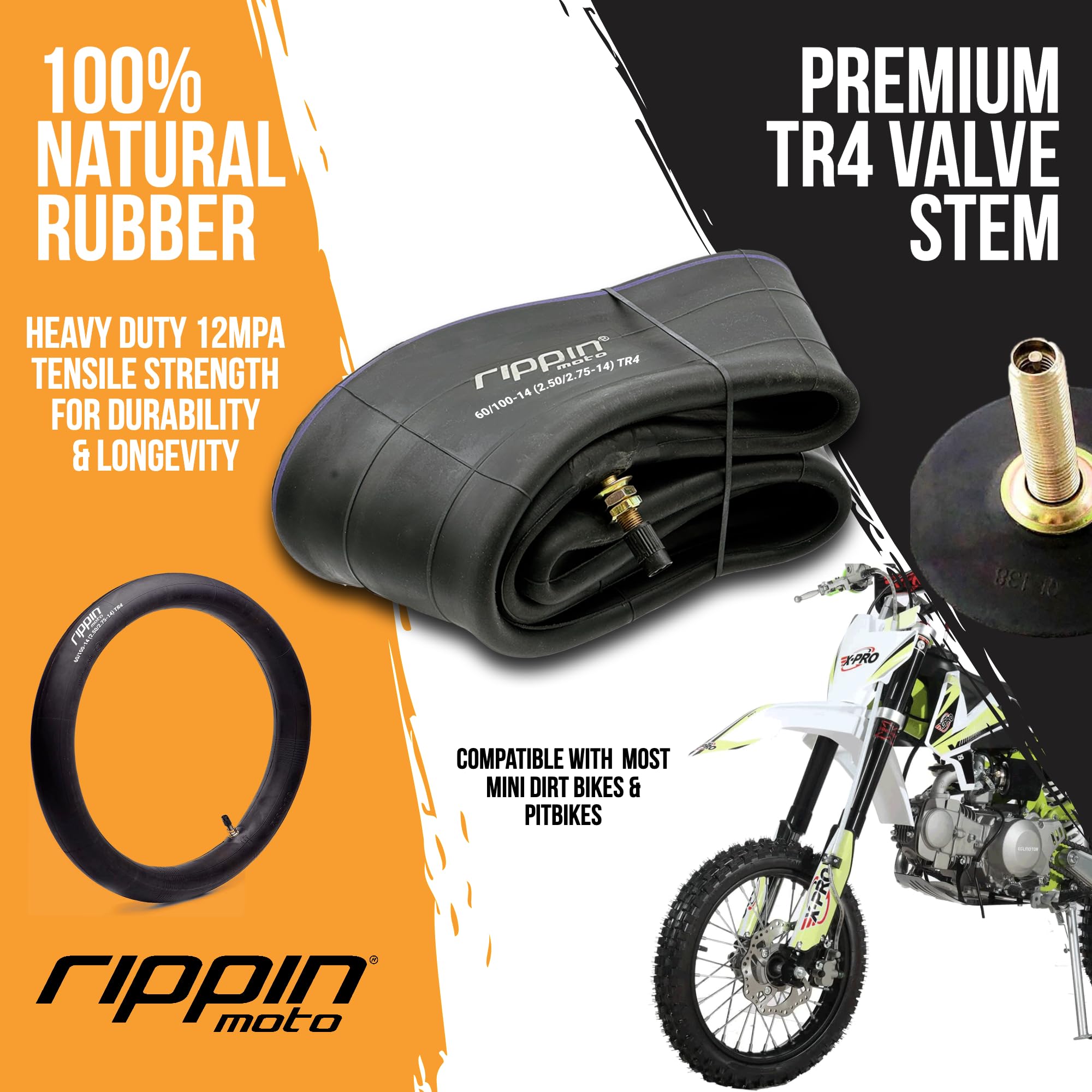 Rippin Moto 2.50/2.75-14 Heavy Duty Dirt Bike Inner Tube (60/100-14) 3.0mm Thick - TR4 Valve - Fits Most 14" (2.50/2.75 x 14 or 2.50/2.75 x 14) Mini Dirt Bike & Pit Bike Front Tires