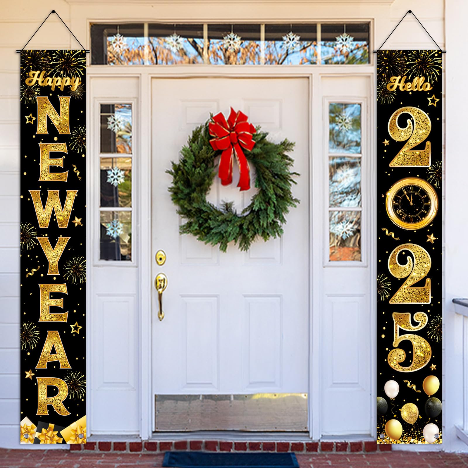 Happy New Year Door Banner, 2PCs New Year Front Door Banner 2025 Black Gold New Year Front Porch Hang Door Banners Sign Set New Years Eve Party Supplies Happy New Year Decorations, 71x12 Inch