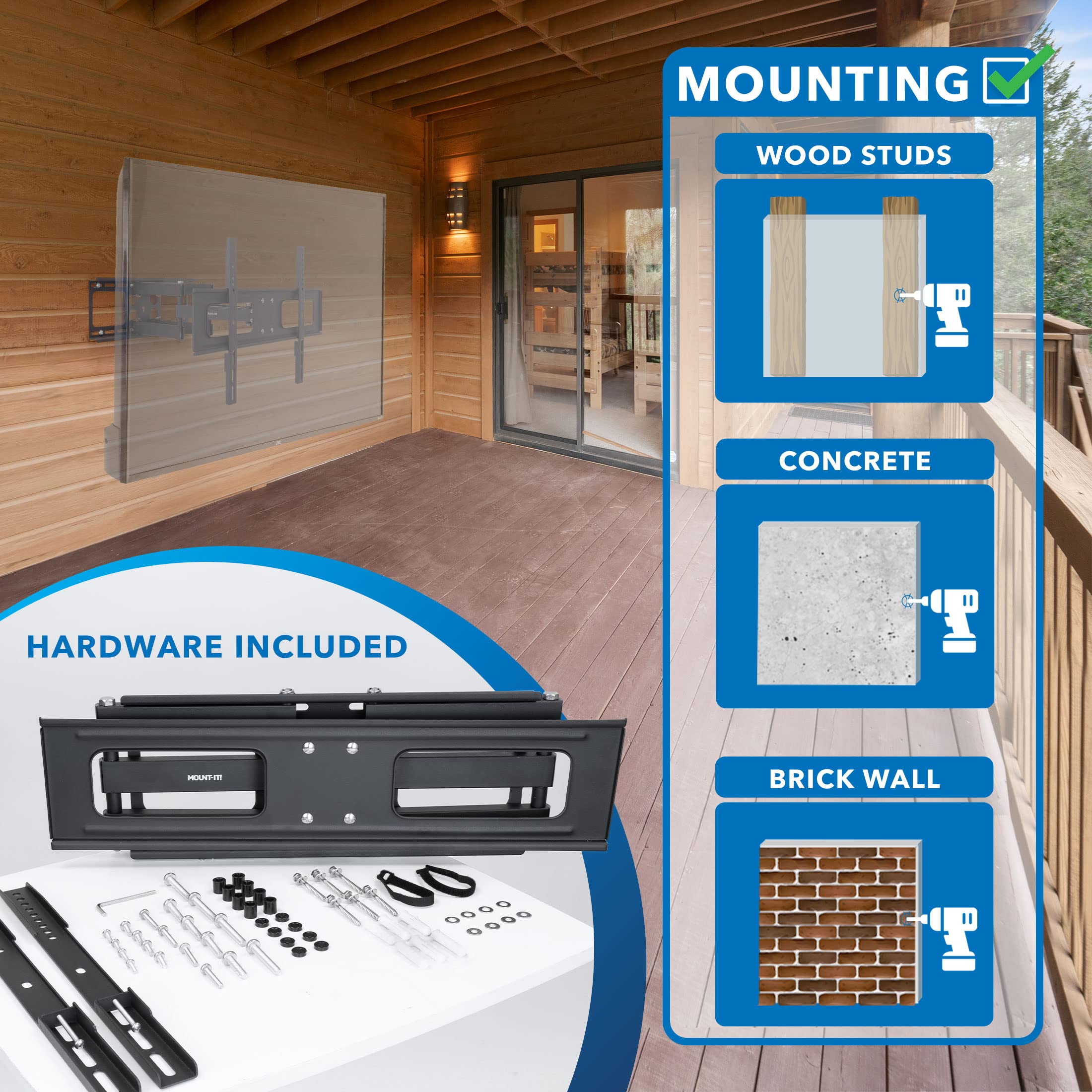 Mount-It! Outdoor TV Mount Weatherproof, Anti-Rust Anti-Corrosion Outside TV Bracket for Patio, Gazebo and Exterior, Fits 37-80", Heavy Duty Dual Full Motion Arms, VESA Up to 600x400mm, 110 Lbs Limit