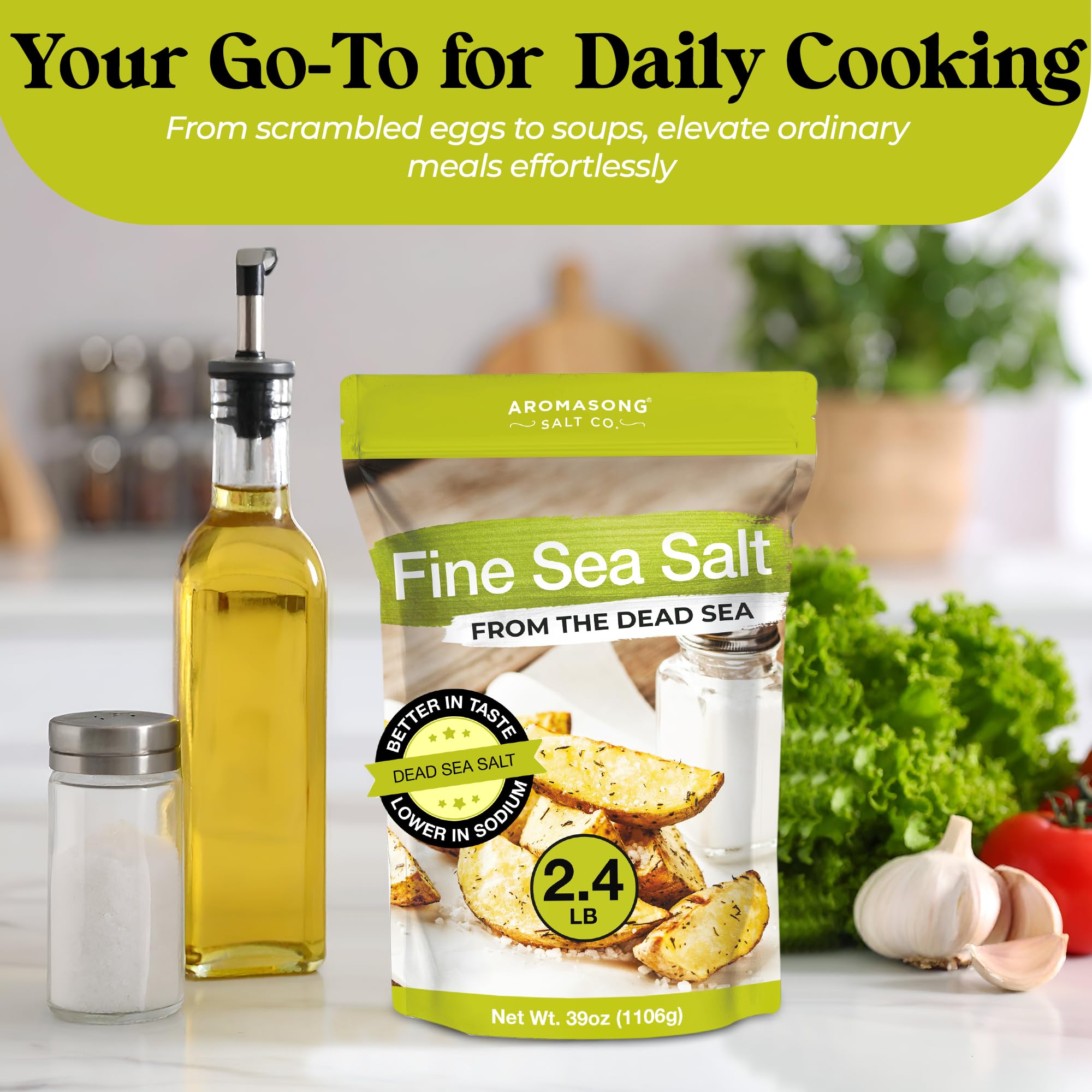 Aromasong 100% Natural Sea Salt From the Dead Sea, Fine Grain Table Salt, Large Bulk 2.43 Lb Resealable Bag, 100% Pure & Natural, Unrefined, Gluten Free, Sea Salt for Daily Cooking
